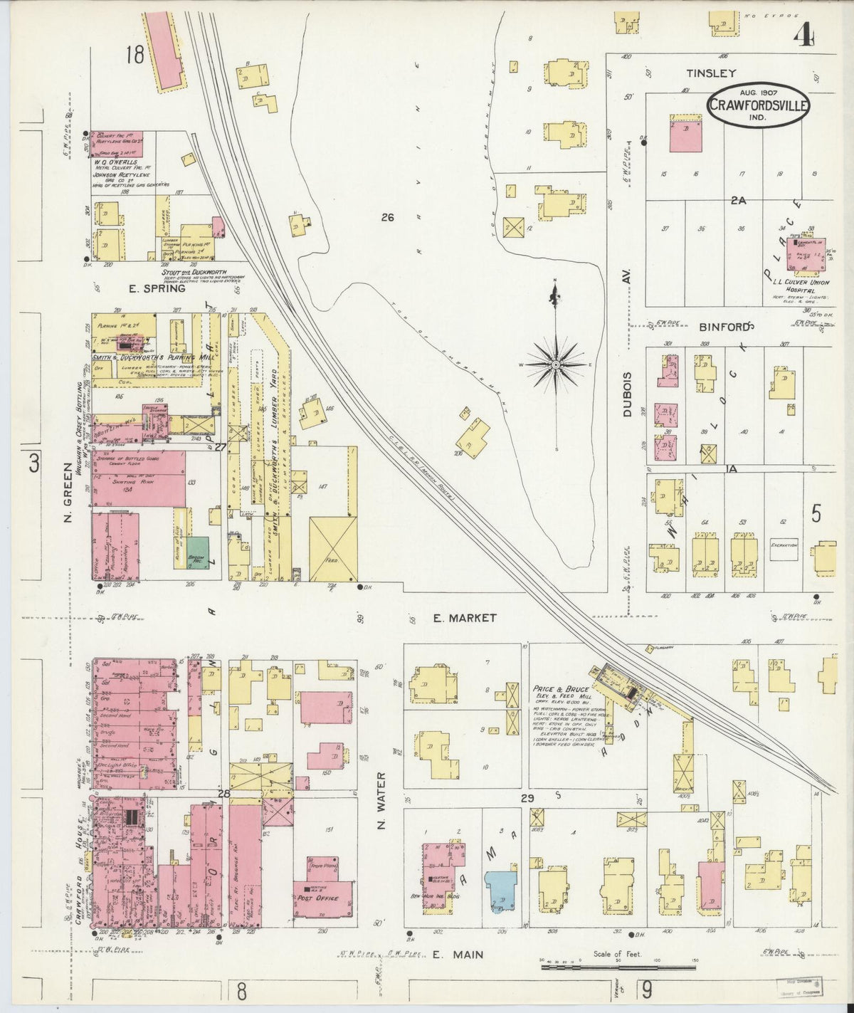 Sanborn Fire Insurance Map from Crawfordsville, Montgomery County, Indiana (1907), Sheet #0004 - Historic Sanborn Fire Insurance Map Print, vintage old map wall art, antique decor, genealogy gift, Indiana Indiana map