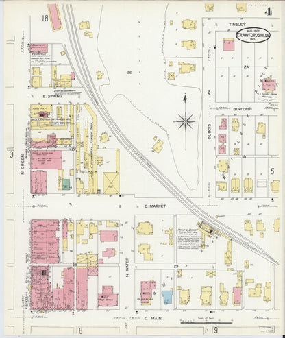 Sanborn Fire Insurance Map from Crawfordsville, Montgomery County, Indiana (1907), Sheet #0004 - Historic Sanborn Fire Insurance Map Print, vintage old map wall art, antique decor, genealogy gift, Indiana Indiana map