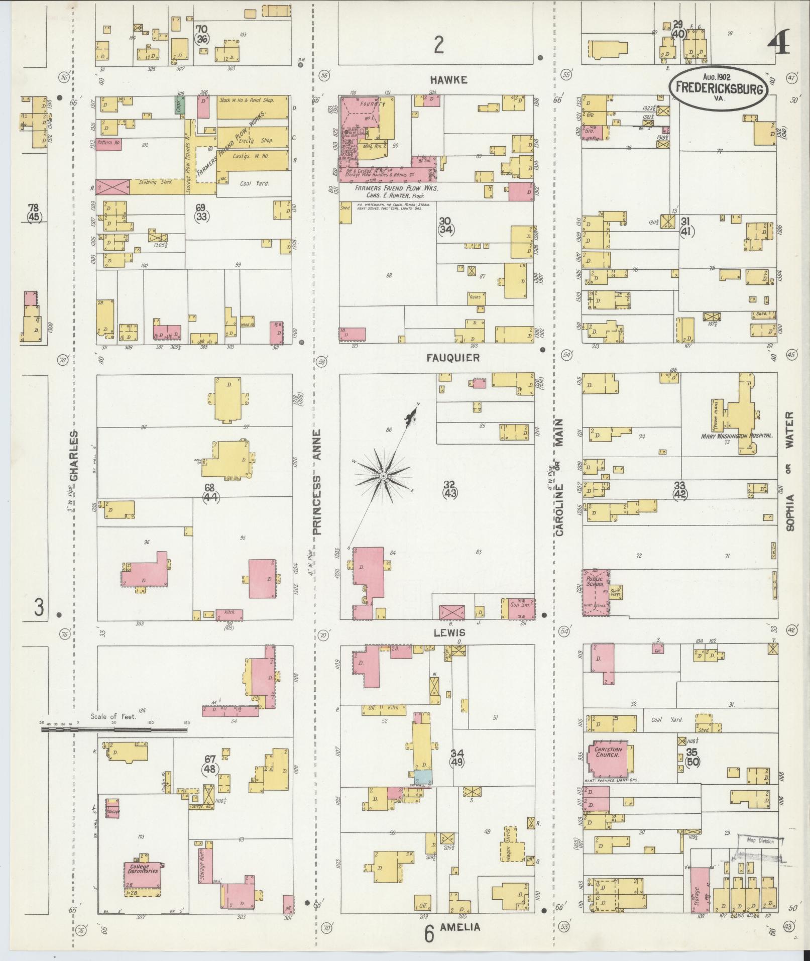 Sanborn Fire Insurance Map from Fredericksburg, Independent Cities, Virginia (1902), Sheet #0004 - Complete Map Set gallery image, historic Sanborn map, vintage wall art, Virginia Virginia