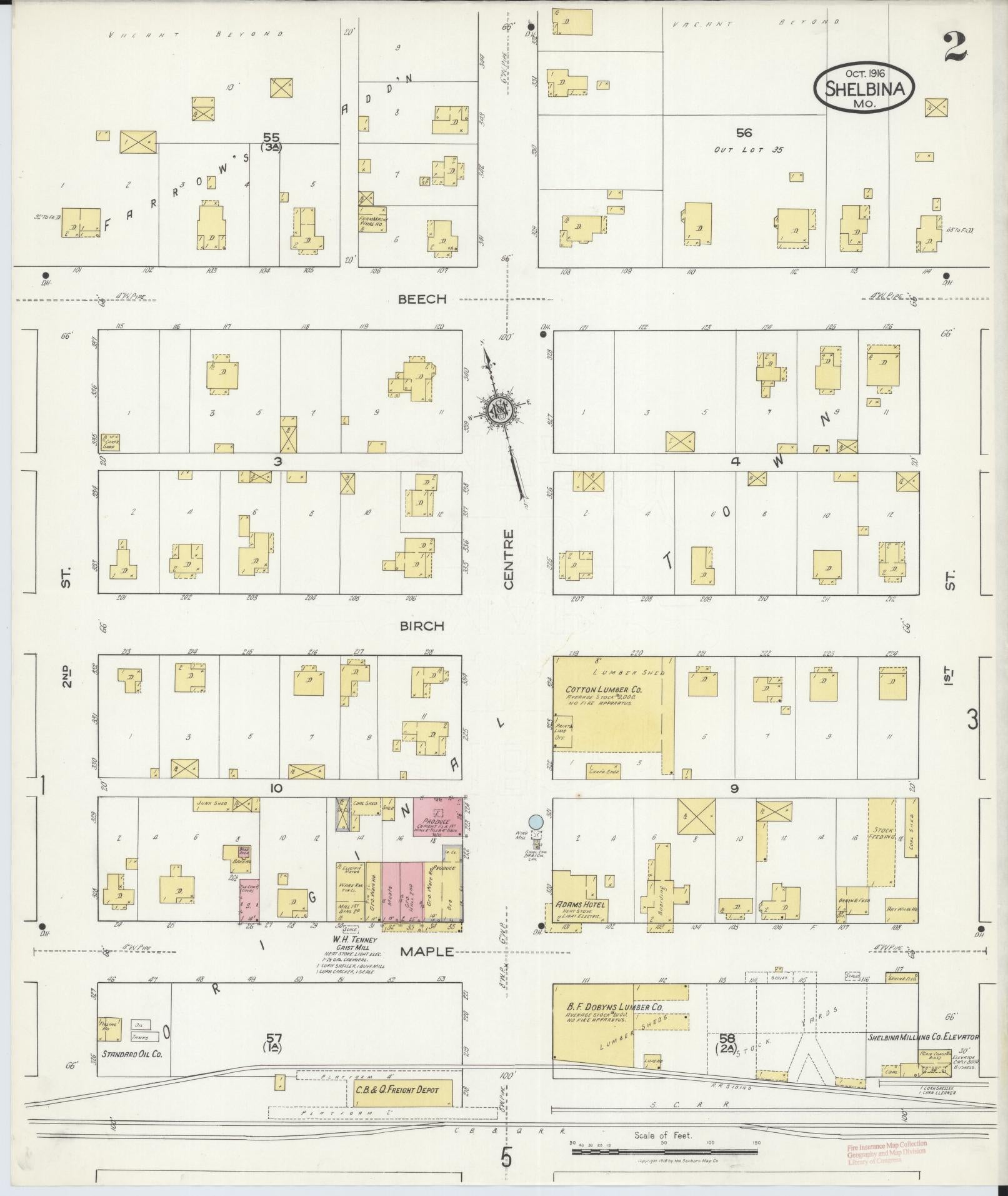 Sanborn Fire Insurance Map from Shelbina, Shelby County, Missouri (1916), Sheet #0002 - Historic Sanborn Fire Insurance Map Print, vintage old map wall art, antique decor, genealogy gift, Missouri Missouri map