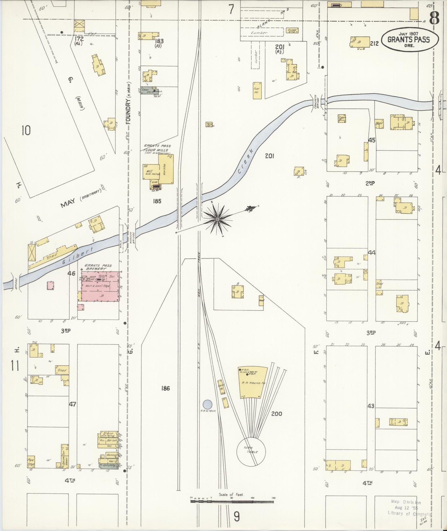 Sanborn Fire Insurance Map from Grants Pass, Josephine County, Oregon (1907), Sheet #0008 - Historic Sanborn Fire Insurance Map Print, vintage old map wall art, antique decor, genealogy gift, Oregon Oregon map