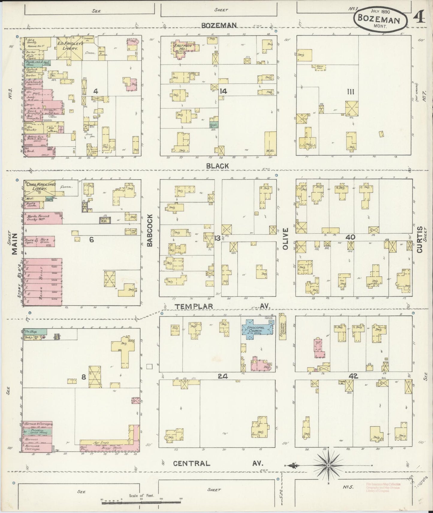 Sanborn Fire Insurance Map from Bozeman, Gallatin County, Montana (1890), Sheet #0004 - Complete Map Set gallery image, historic Sanborn map, vintage wall art, Montana Montana