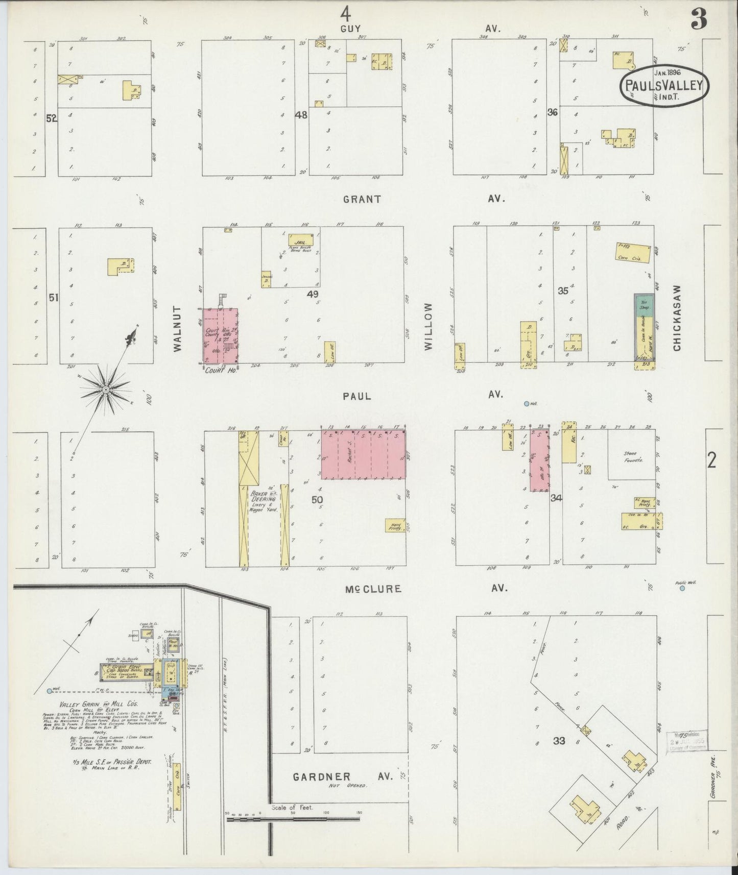 Sanborn Fire Insurance Map from Pauls Valley, Garvin County, Oklahoma (1896), Sheet #0003 - Complete Map Set gallery image, historic Sanborn map, vintage wall art, Oklahoma Oklahoma