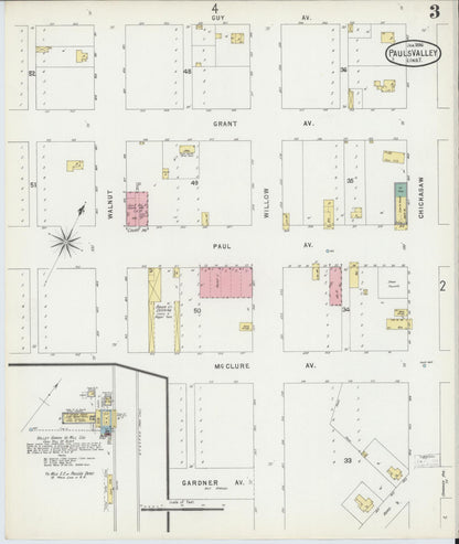 Sanborn Fire Insurance Map from Pauls Valley, Garvin County, Oklahoma (1896), Sheet #0003 - Complete Map Set gallery image, historic Sanborn map, vintage wall art, Oklahoma Oklahoma