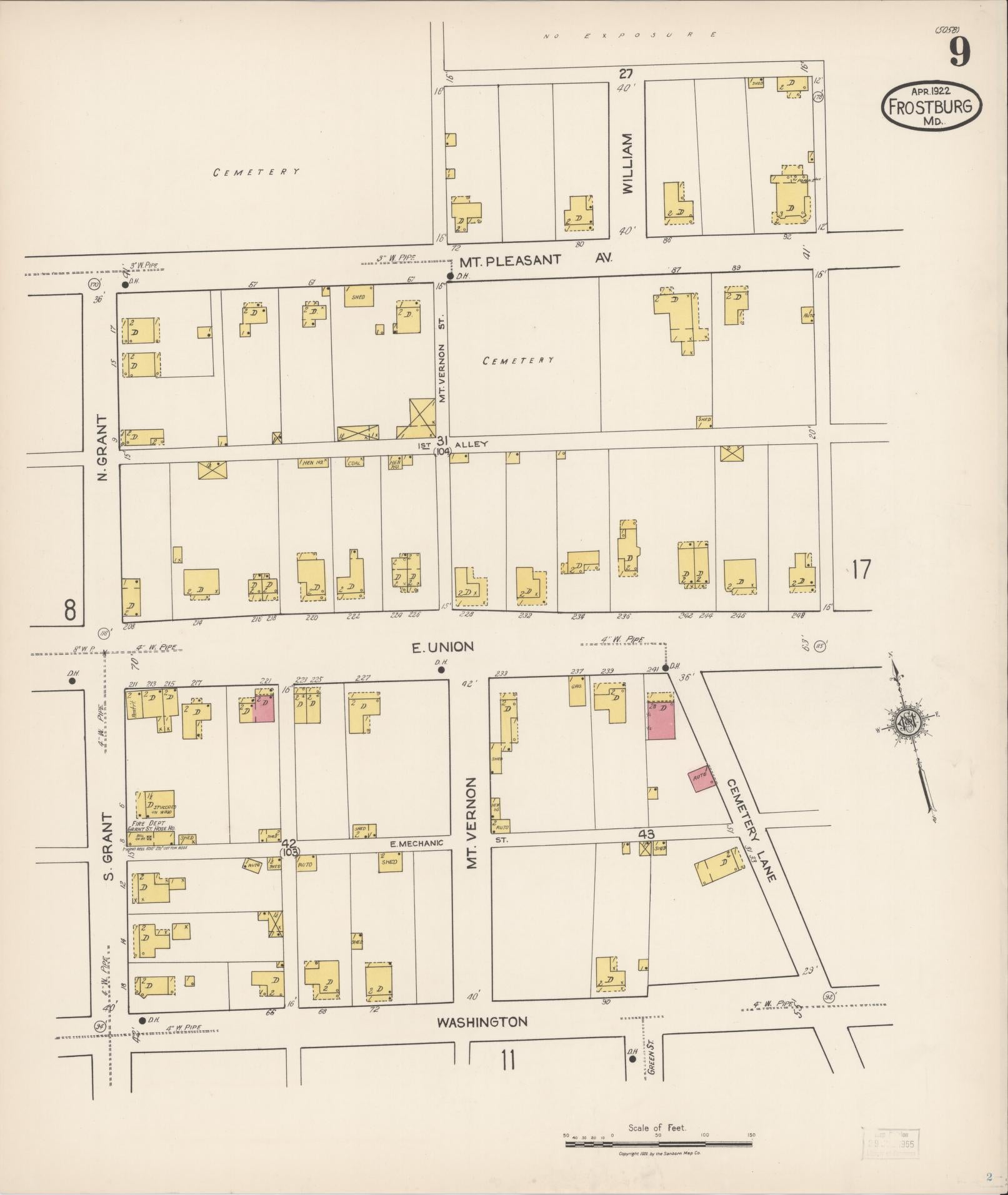 Sanborn Fire Insurance Map from Frostburg, Allegany County, Maryland (1922), Sheet #0009 - Historic Sanborn Fire Insurance Map Print, vintage old map wall art