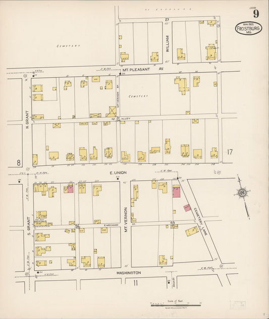 Sanborn Fire Insurance Map from Frostburg, Allegany County, Maryland (1922), Sheet #0009 - Historic Sanborn Fire Insurance Map Print, vintage old map wall art