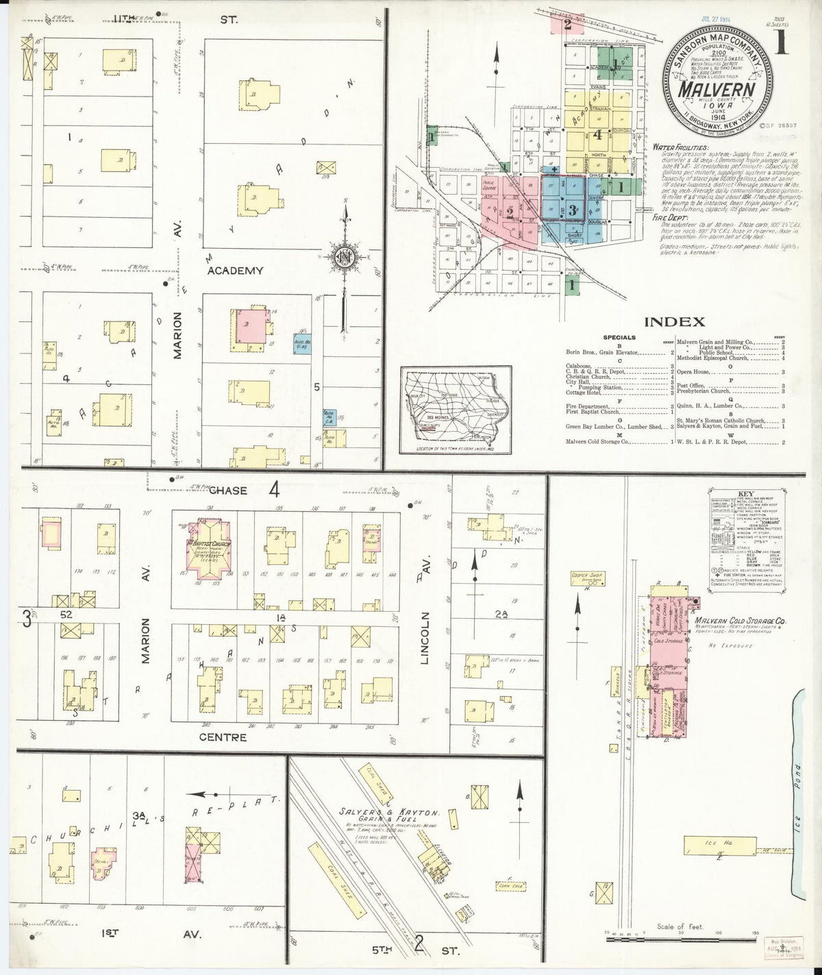 Sanborn Fire Insurance Map from Malvern, Mills County, Iowa (1914), Sheet #0001 - Historic Sanborn Fire Insurance Map Print, vintage old map wall art