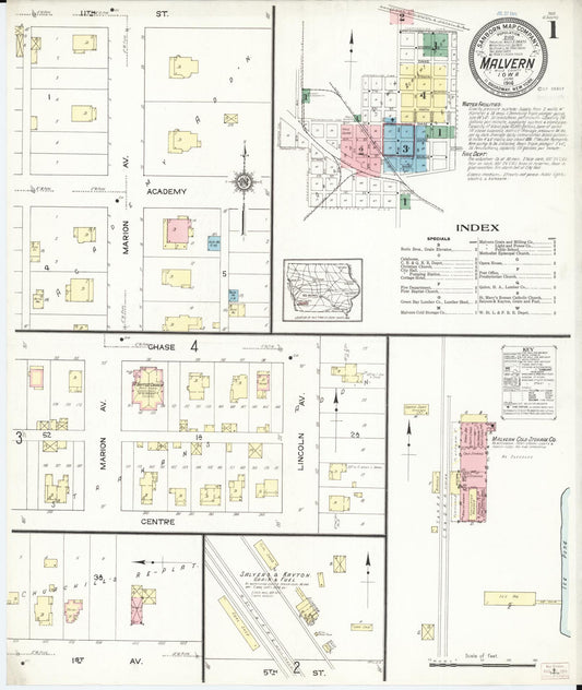 Sanborn Fire Insurance Map from Malvern, Mills County, Iowa (1914), Sheet #0001 - Historic Sanborn Fire Insurance Map Print, vintage old map wall art