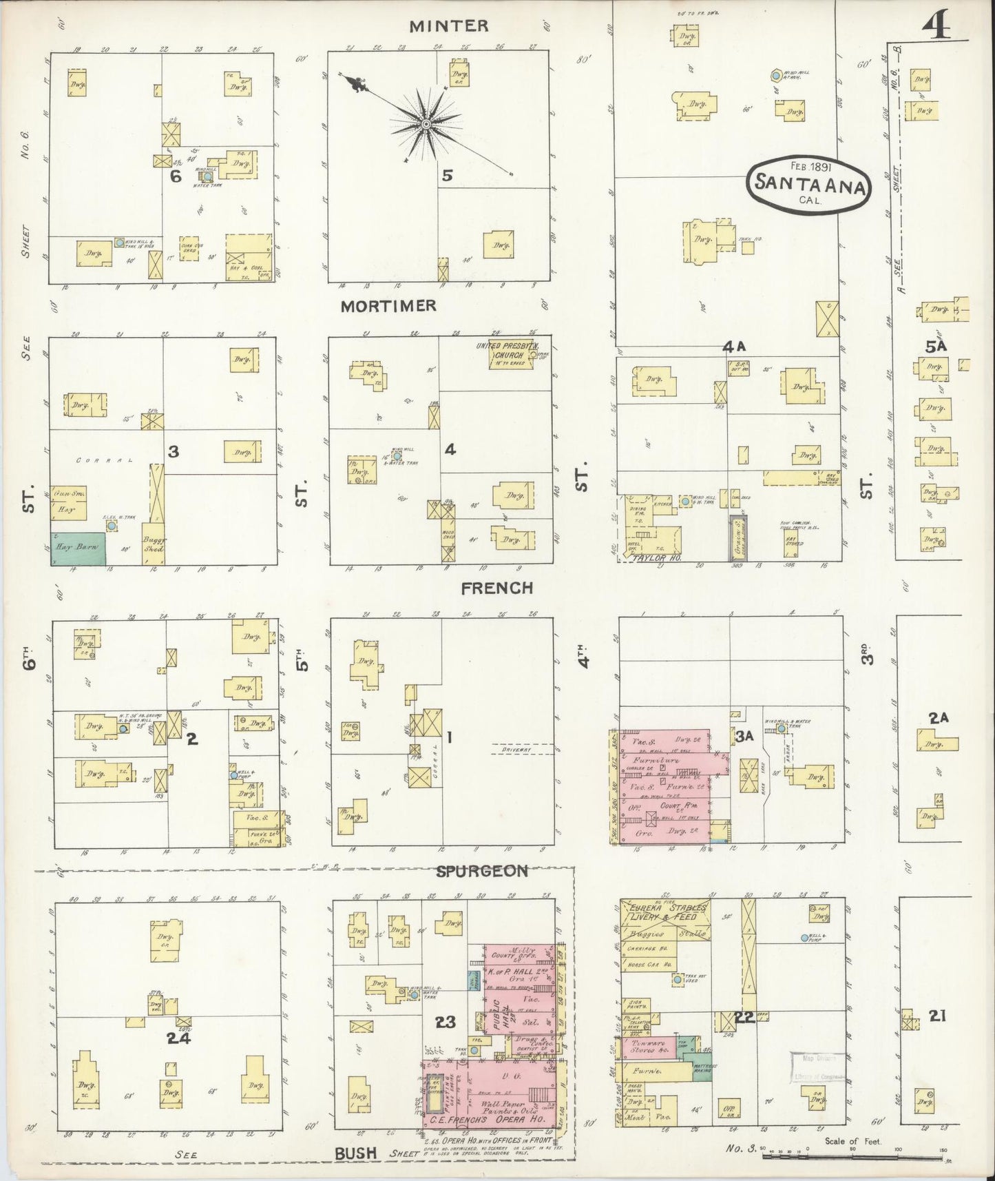 Sanborn Fire Insurance Map from Santa Ana, Orange County, California (1891), Sheet #0004 - Complete Map Set gallery image, historic Sanborn map, vintage wall art, California California