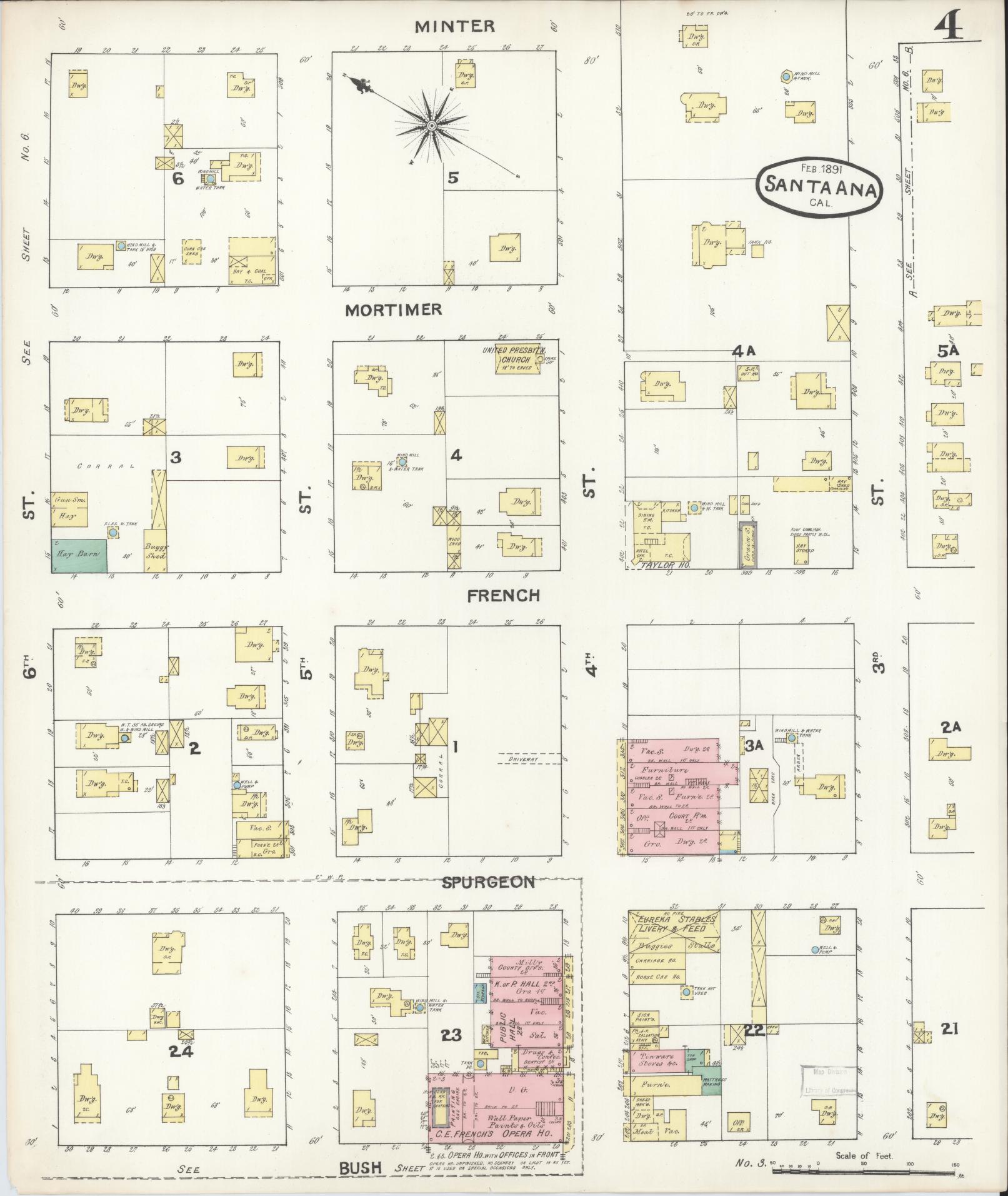 Sanborn Fire Insurance Map from Santa Ana, Orange County, California (1891), Sheet #0004 - Complete Map Set gallery image, historic Sanborn map, vintage wall art, California California