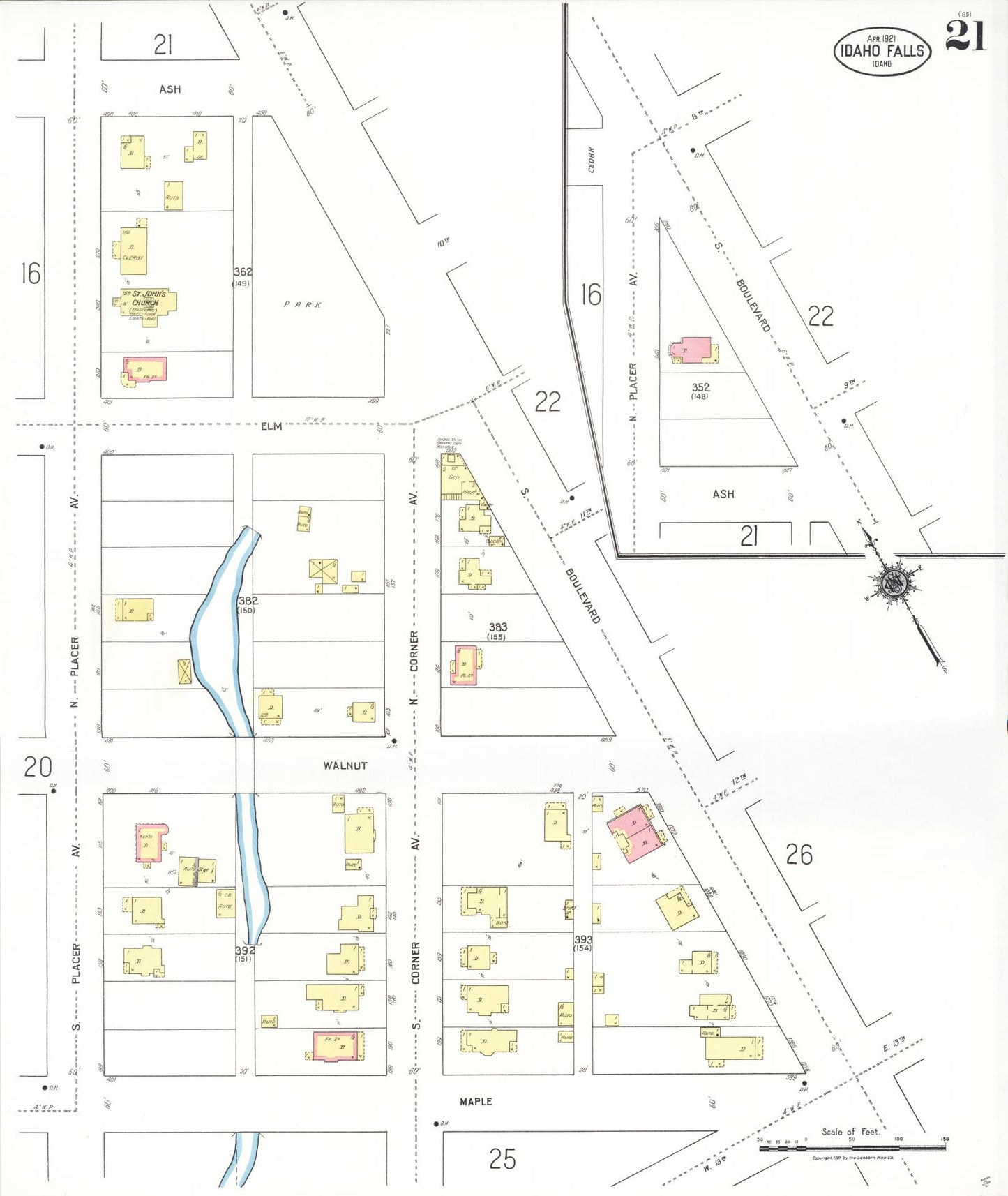 Sanborn Fire Insurance Map from Idaho Falls, Bonneville County, Idaho (1921), Sheet #0021 - Historic Sanborn Fire Insurance Map Print, vintage old map wall art, antique decor, genealogy gift, Idaho Idaho map