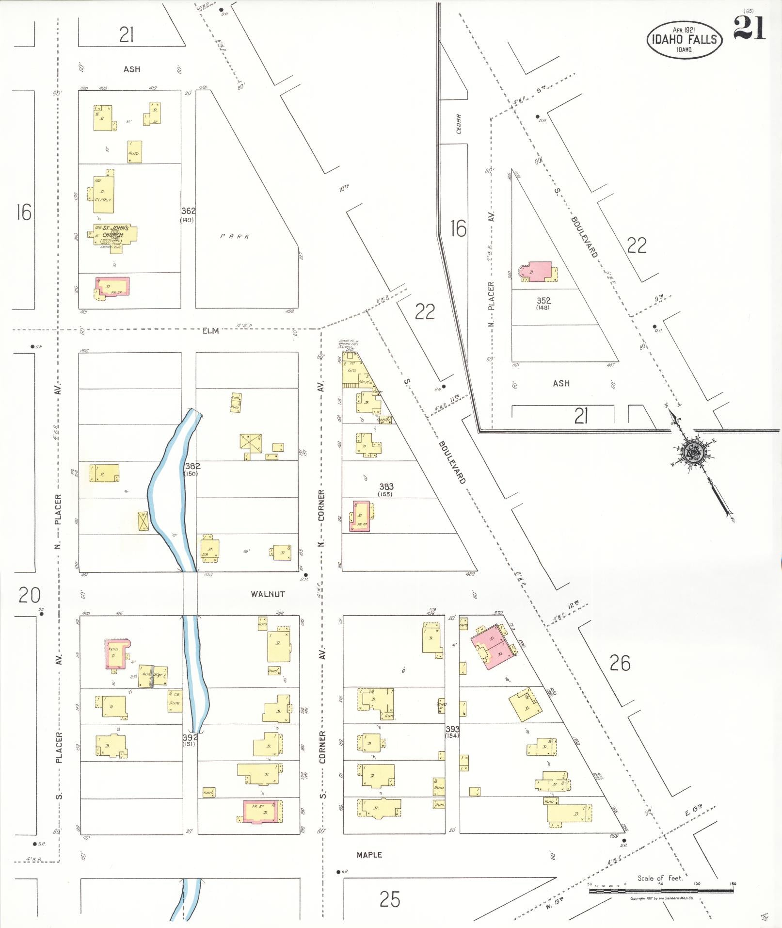 Sanborn Fire Insurance Map from Idaho Falls, Bonneville County, Idaho (1921), Sheet #0021 - Historic Sanborn Fire Insurance Map Print, vintage old map wall art, antique decor, genealogy gift, Idaho Idaho map