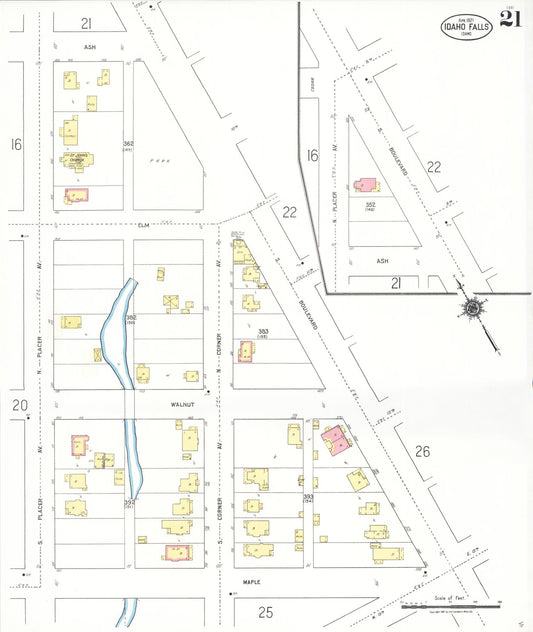 Sanborn Fire Insurance Map from Idaho Falls, Bonneville County, Idaho (1921), Sheet #0021 - Historic Sanborn Fire Insurance Map Print, vintage old map wall art, antique decor, genealogy gift, Idaho Idaho map