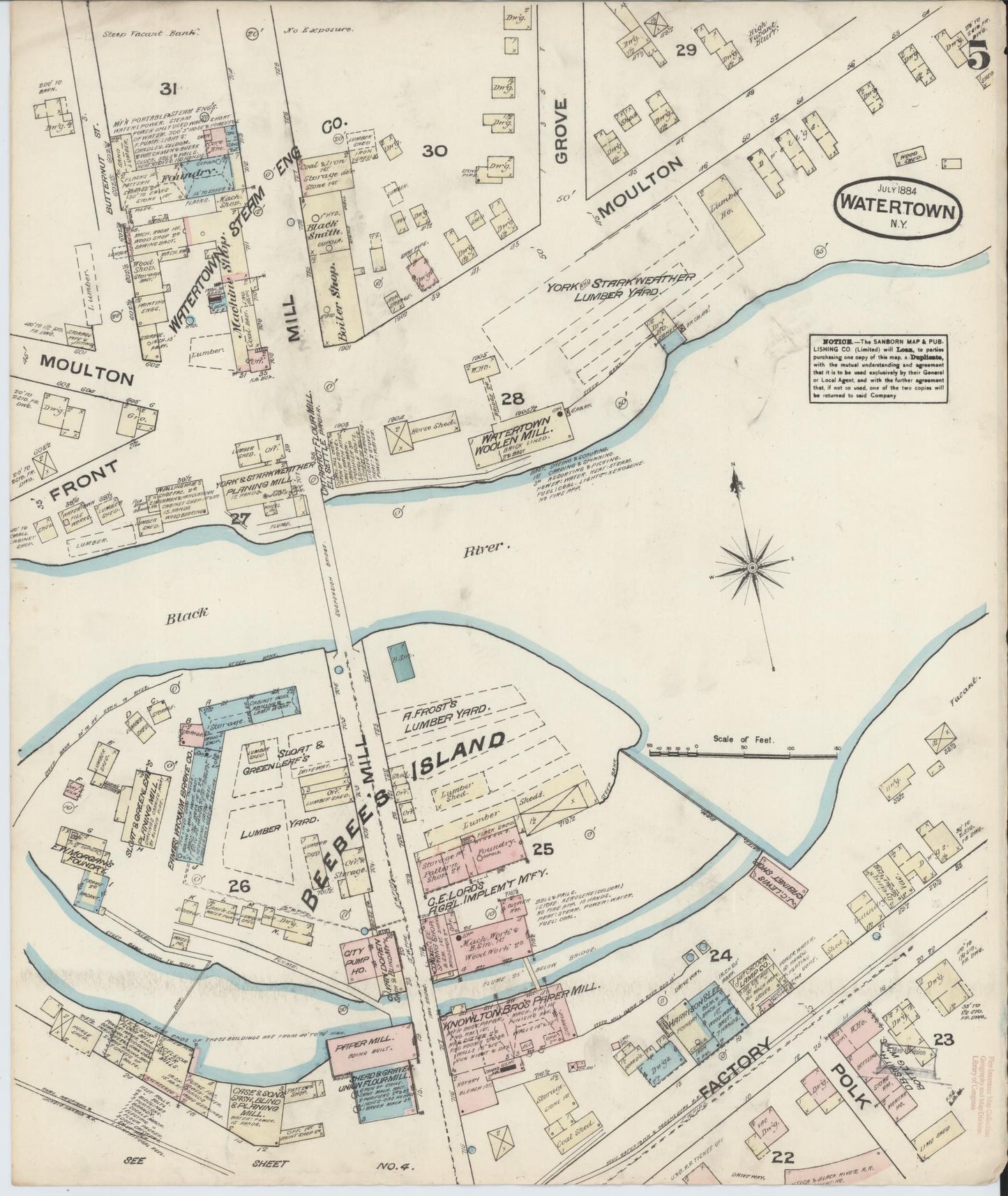 Sanborn Fire Insurance Map from Watertown, Jefferson County, New York (1884), Sheet #0005 - Historic Sanborn Fire Insurance Map Print, vintage old map wall art, antique decor, genealogy gift, New York New York map