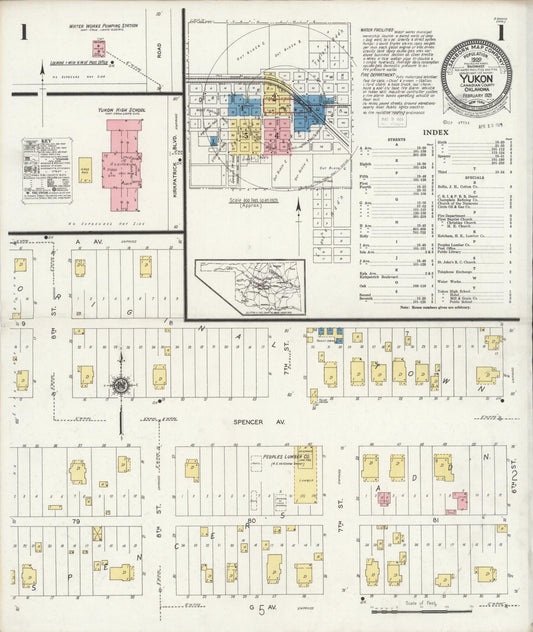 Sanborn Fire Insurance Map from Yukon, Canadian County, Oklahoma (1929), Sheet #0001 - Complete Map Set gallery image, historic Sanborn map, vintage wall art, Oklahoma Oklahoma