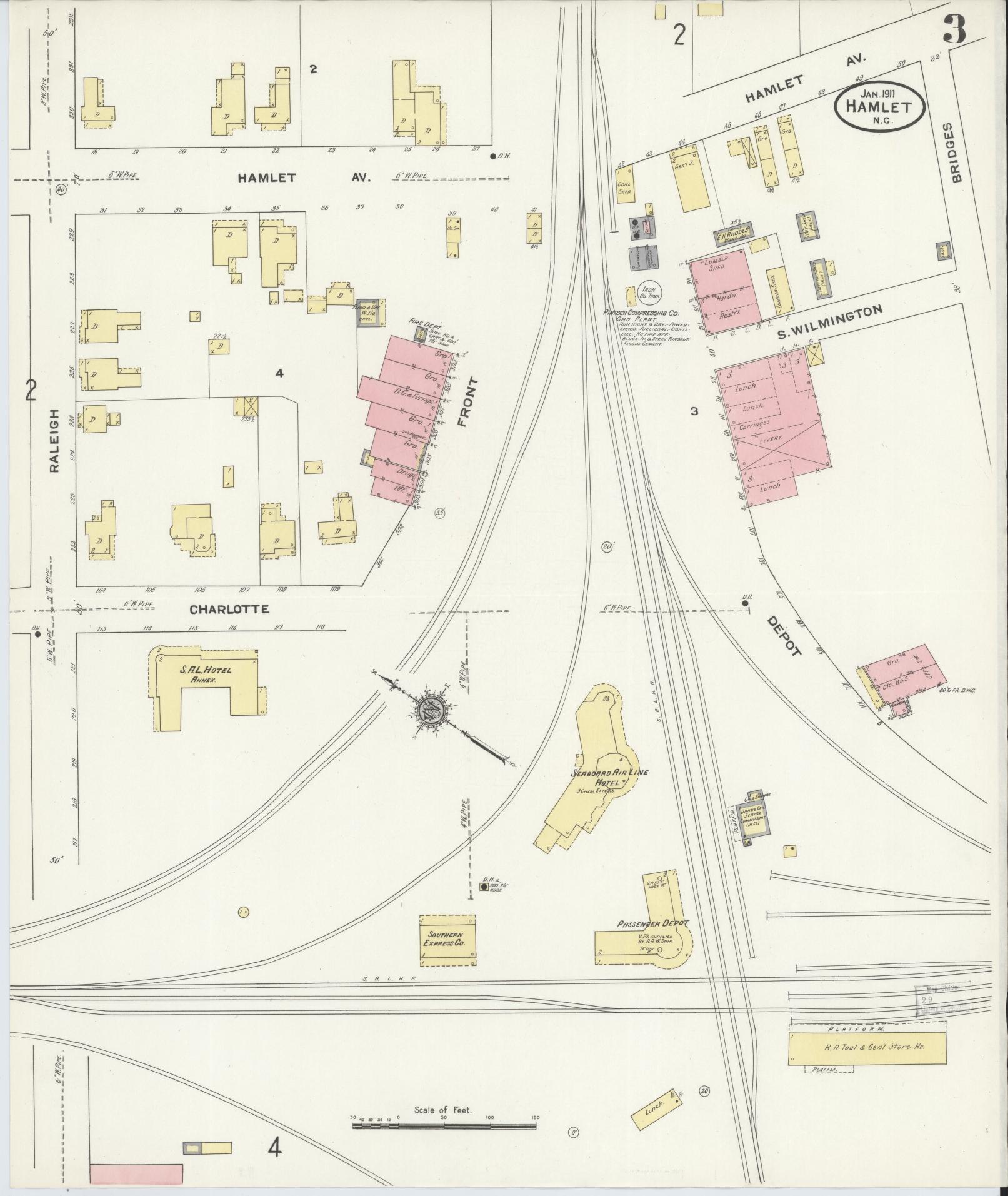 Sanborn Fire Insurance Map from Hamlet, Richmond County, North Carolina (1911), Sheet #0003 - Historic Sanborn Fire Insurance Map Print, vintage old map wall art, antique decor, genealogy gift, North Carolina North Carolina map