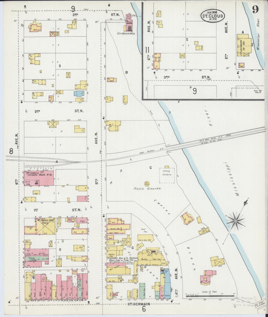 Sanborn Fire Insurance Map from Saint Cloud, Stearns, Benton, and Sherburne Counties, Minnesota (1898), Sheet #0009 - Historic Sanborn Fire Insurance Map Print, vintage old map wall art, antique decor, genealogy gift, Minnesota Minnesota map