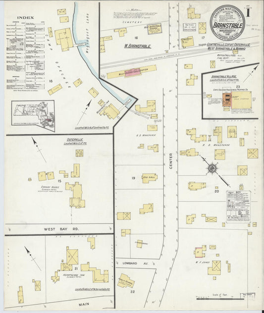 Sanborn Fire Insurance Map from Barnstable, Barnstable County, Massachusetts (1916), Sheet #0001 - Complete Map Set gallery image, historic Sanborn map, vintage wall art, Massachusetts Massachusetts