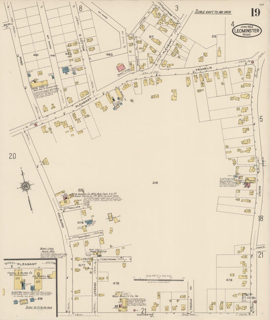 Sanborn Fire Insurance Map from Leominster, Worcester County, Massachusetts (1922), Sheet #0019 - Historic Sanborn Fire Insurance Map Print, vintage old map wall art, antique decor, genealogy gift, Massachusetts Massachusetts map