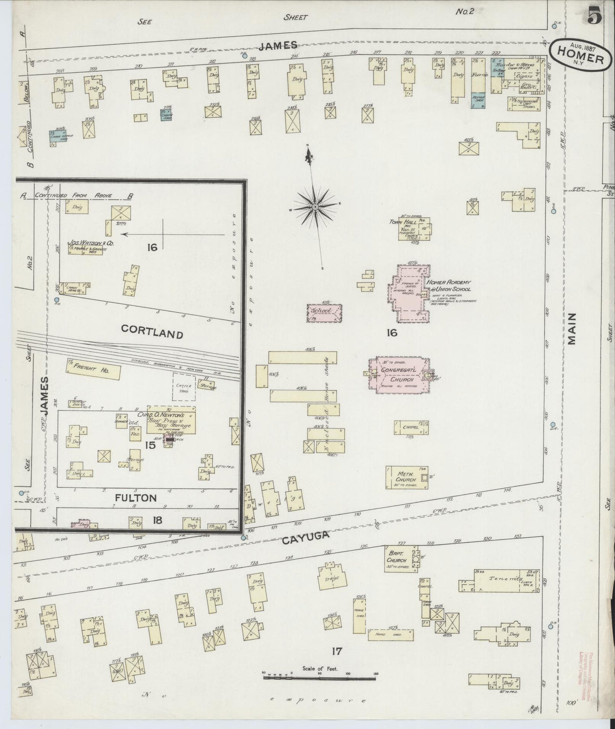 Sanborn Fire Insurance Map from Homer, Cortland County, New York (1887), Sheet #0005 - Historic Sanborn Fire Insurance Map Print, vintage old map wall art, antique decor, genealogy gift, New York New York map