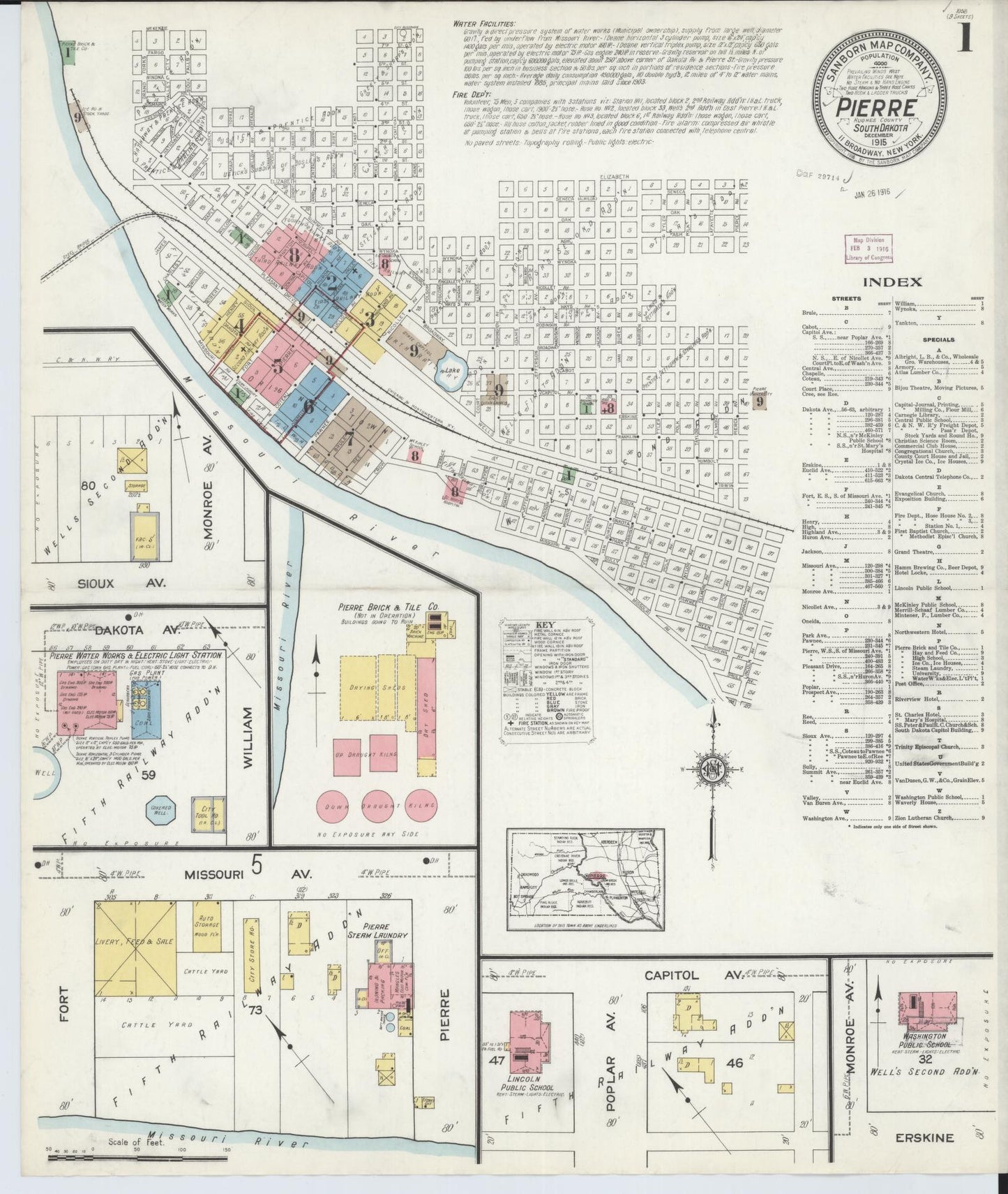 Sanborn Fire Insurance Map from Pierre, Hughes County, South Dakota (1915), Sheet #0001 - Complete Map Set gallery image, historic Sanborn map, vintage wall art, South Dakota South Dakota