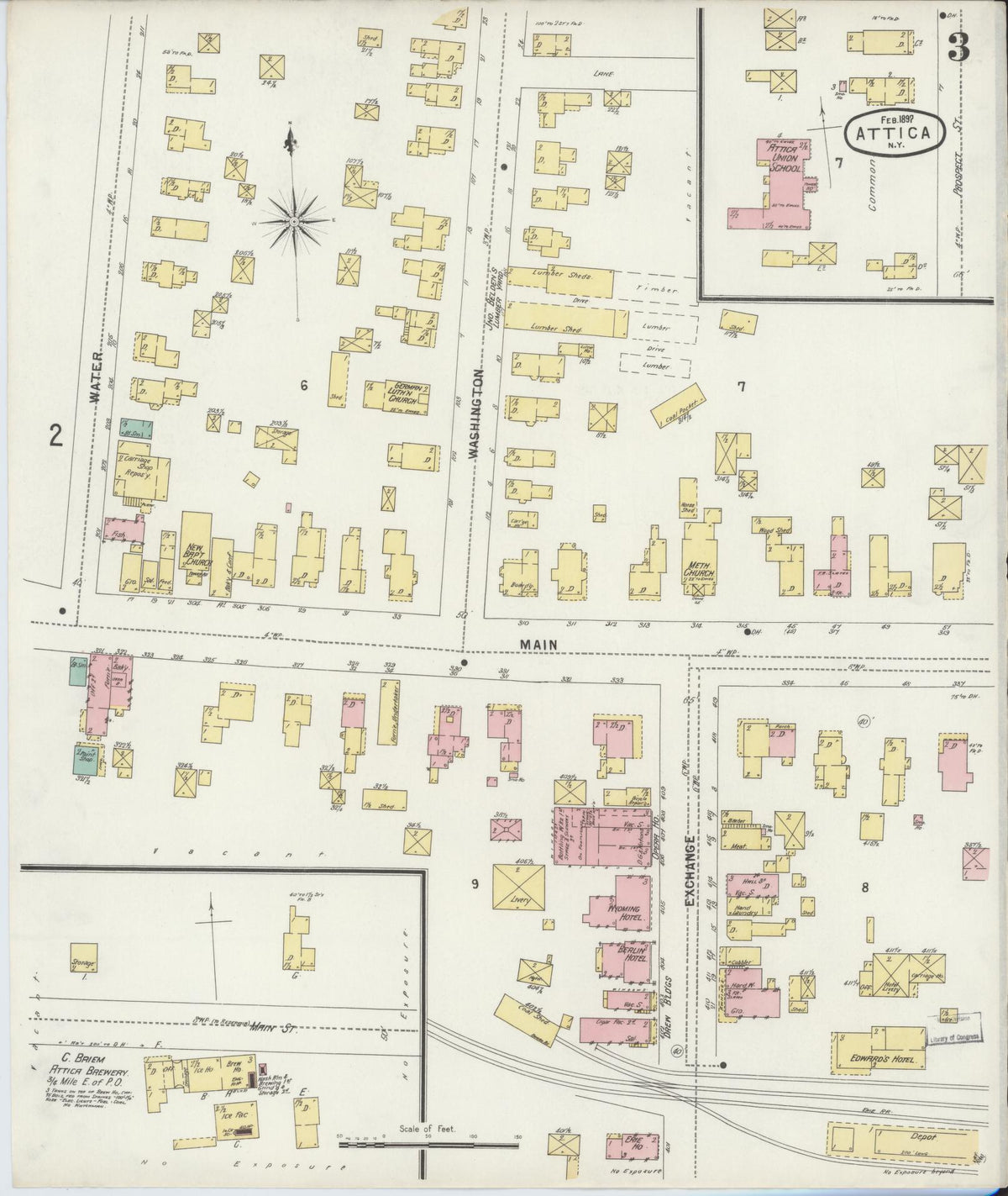 Sanborn Fire Insurance Map from Attica, Wyoming County, New York (1897), Sheet #0003 - Historic Sanborn Fire Insurance Map Print, vintage old map wall art, antique decor, genealogy gift, Attica Wyoming map