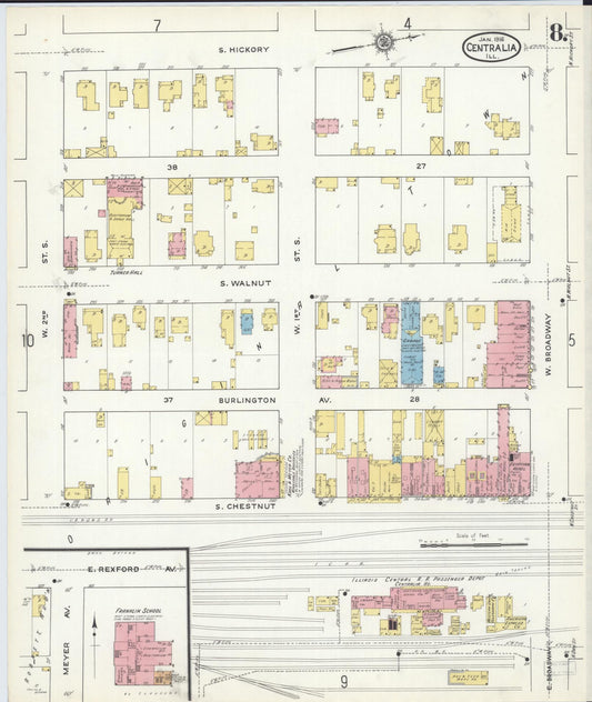 Sanborn Fire Insurance Map from Centralia, Marion, Clinton, Jefferson, and Washington Counties, Illinois (1916), Sheet #0008 - Historic Sanborn Fire Insurance Map Print, vintage old map wall art, antique decor, genealogy gift, Illinois Illinois map