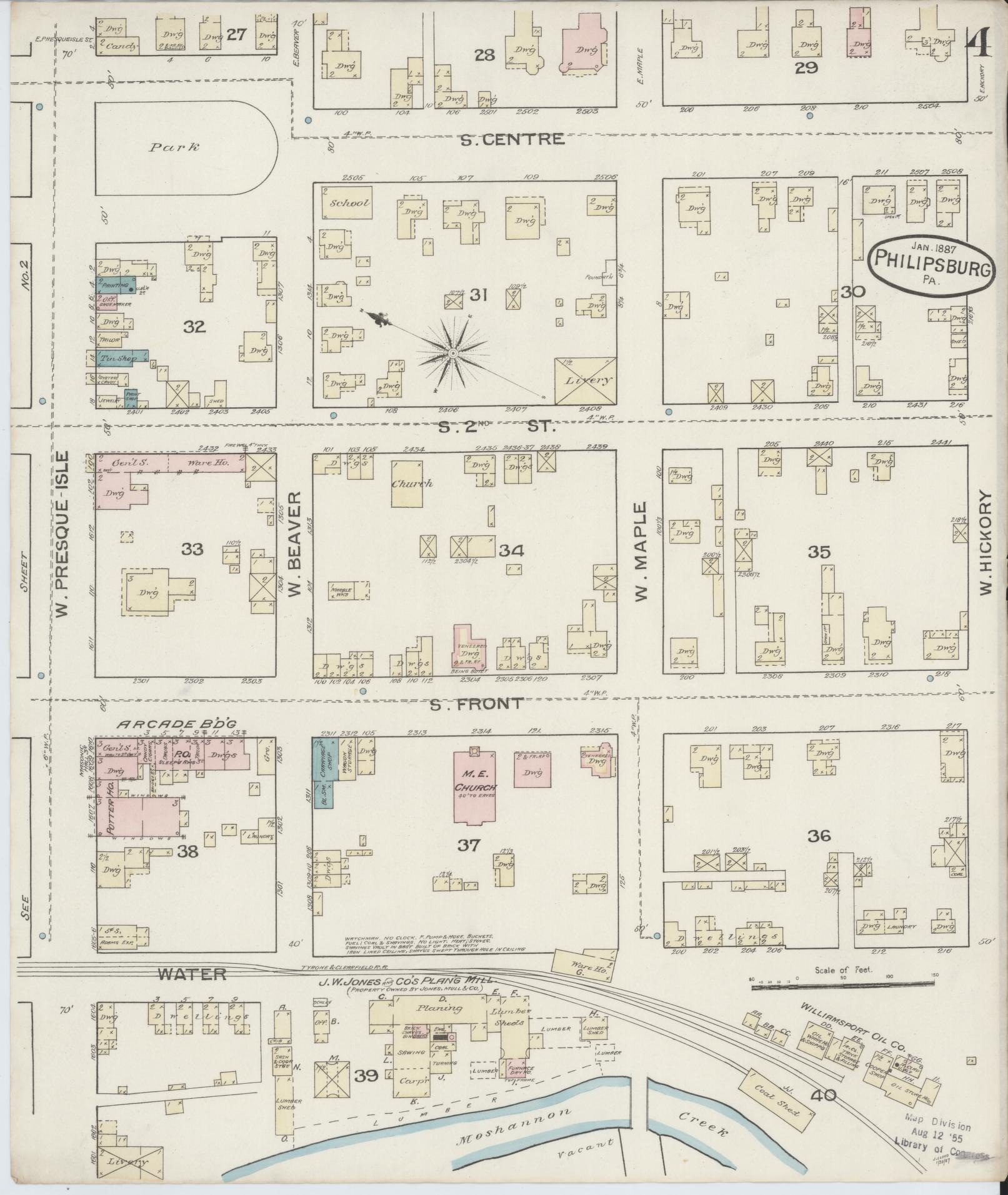 Sanborn Fire Insurance Map from Philipsburg, Centre County, Pennsylvania (1887), Sheet #0004 - Historic Sanborn Fire Insurance Map Print, vintage old map wall art, antique decor, genealogy gift, Pennsylvania Pennsylvania map