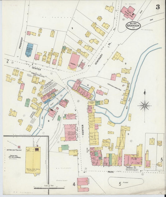 Sanborn Fire Insurance Map from Brandon, Rutland County, Vermont (1904), Sheet #0003 - Historic Sanborn Fire Insurance Map Print, vintage old map wall art, antique decor, genealogy gift, Vermont Vermont map