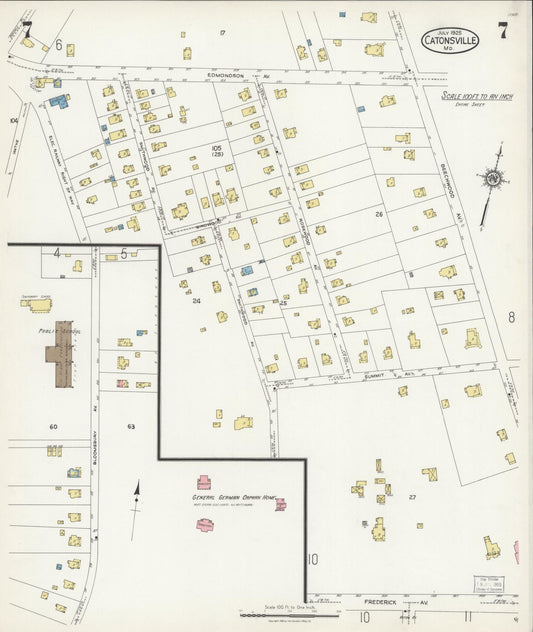 Sanborn Fire Insurance Map from Catonsville, Baltimore County, Maryland (1925), Sheet #0007 - Historic Sanborn Fire Insurance Map Print, vintage old map wall art, antique decor, genealogy gift, Maryland Maryland map