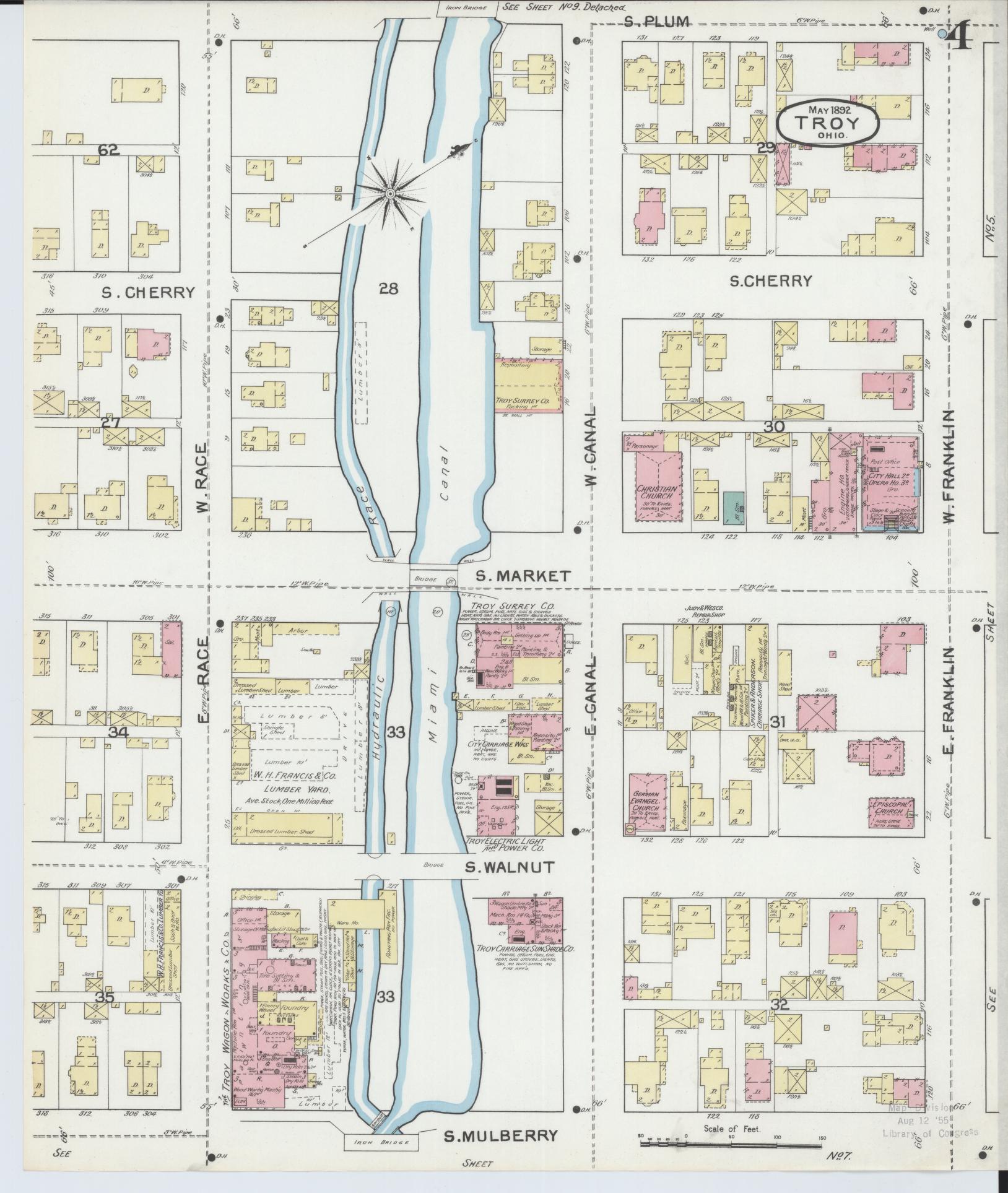 Sanborn Fire Insurance Map from Troy, Miami County, Ohio (1892), Sheet #0004 - Historic Sanborn Fire Insurance Map Print, vintage old map wall art, antique decor, genealogy gift, Ohio Ohio map