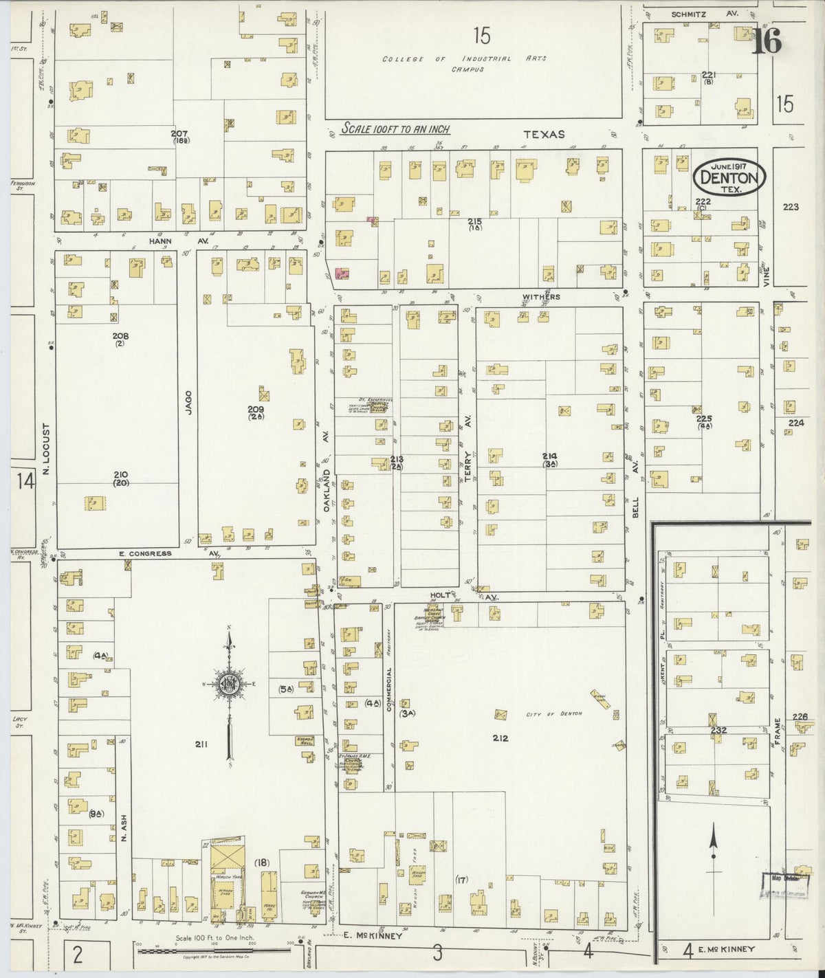 Sanborn Fire Insurance Map from Denton, Denton County, Texas (1917), Sheet #0016 - Complete Map Set gallery image, historic Sanborn map, vintage wall art, Texas Texas