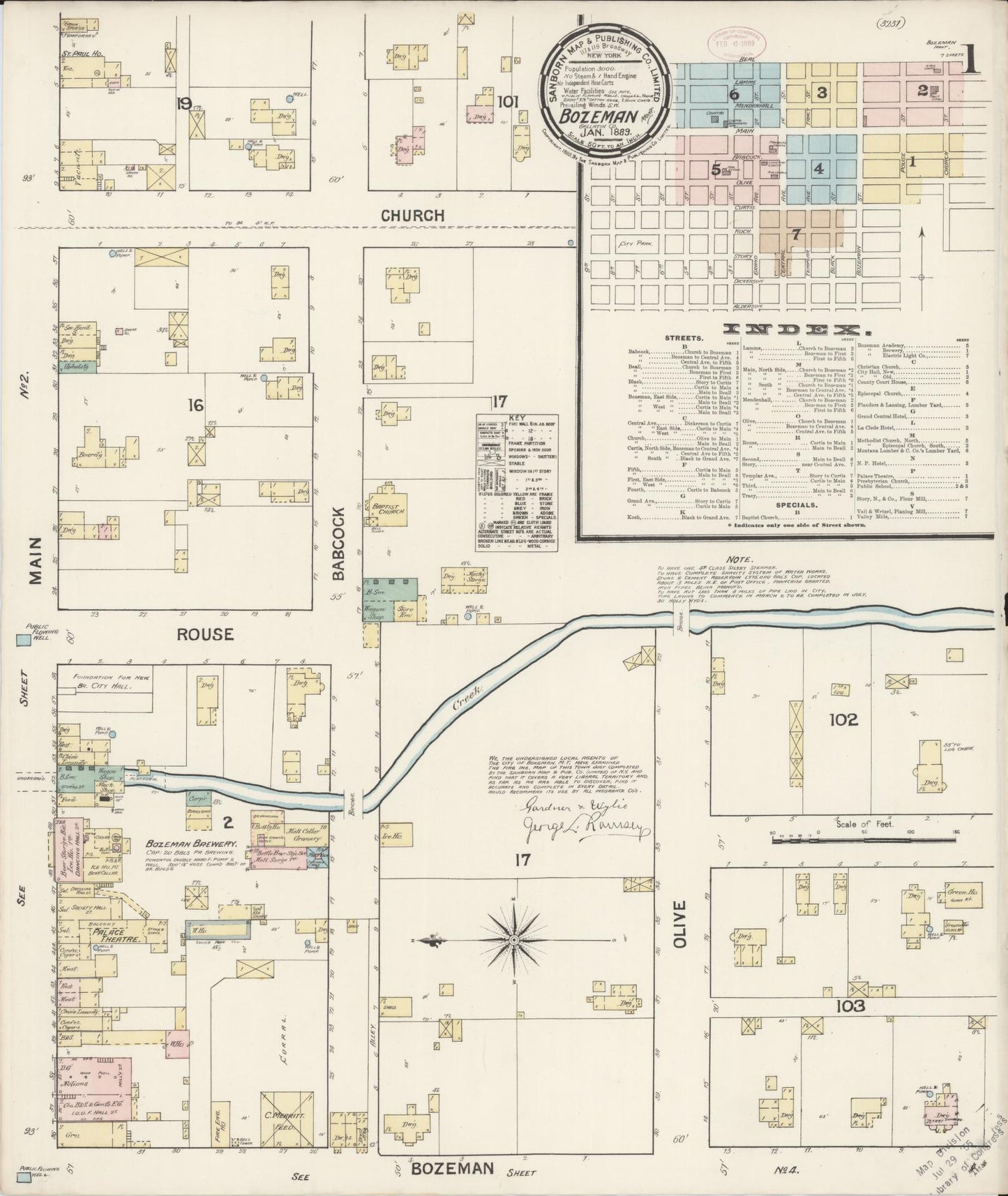 Sanborn Fire Insurance Map from Bozeman, Gallatin County, Montana (1889), Sheet #0001 - Historic Sanborn Fire Insurance Map Print, vintage old map wall art, antique decor, genealogy gift, Montana Montana map