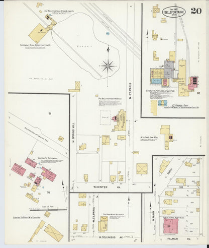 Sanborn Fire Insurance Map from Bellefontaine, Logan County, Ohio (1907), Sheet #0020 - Historic Sanborn Fire Insurance Map Print, vintage old map wall art, antique decor, genealogy gift, Ohio Ohio map