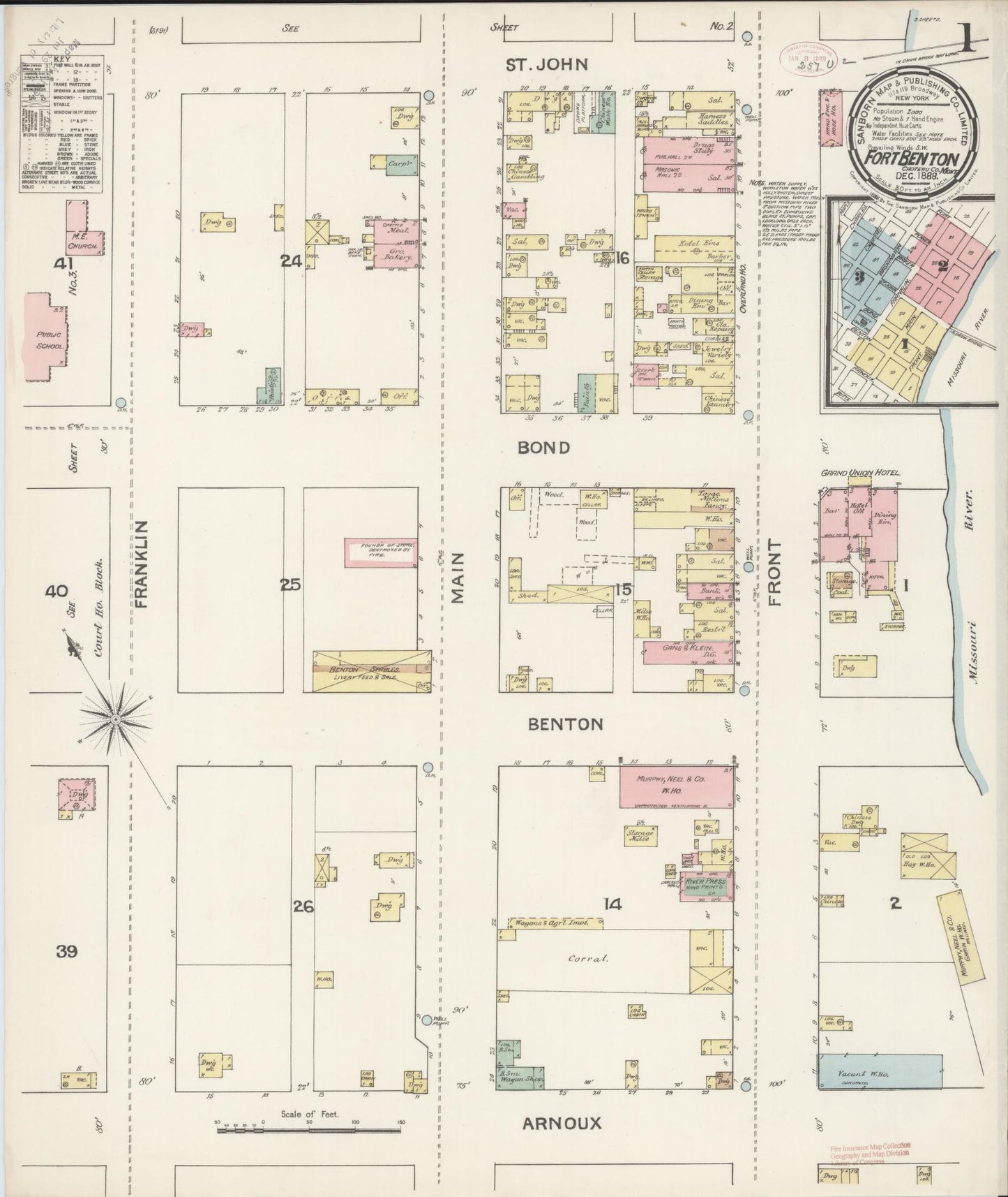 Sanborn Fire Insurance Map from Fort Benton, Chouteau County, Montana (1888), Sheet #0001 - Complete Map Set gallery image, historic Sanborn map, vintage wall art, Montana Montana