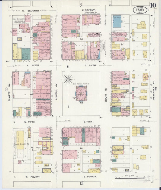 Sanborn Fire Insurance Map from York, York County, Nebraska (1909), Sheet #0010 - Historic Sanborn Fire Insurance Map Print, vintage old map wall art, antique decor, genealogy gift, Nebraska Nebraska map