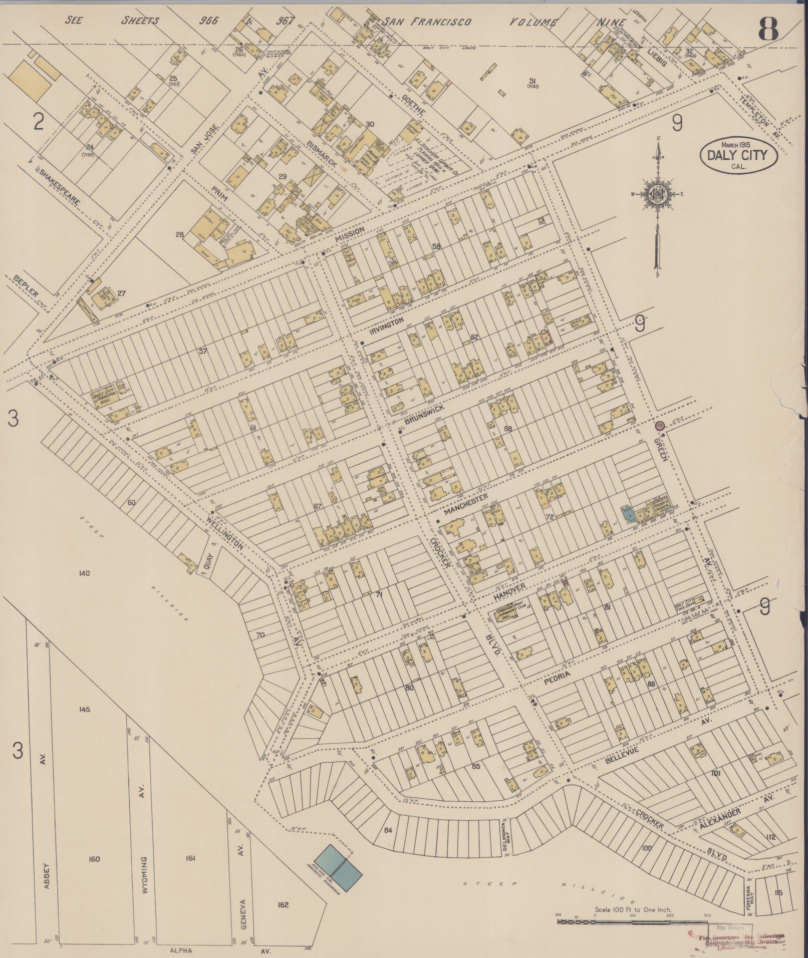Sanborn Fire Insurance Map from Daly City, San Mateo County, California (1915), Sheet #0008 - Historic Sanborn Fire Insurance Map Print, vintage old map wall art, antique decor, genealogy gift, California California map
