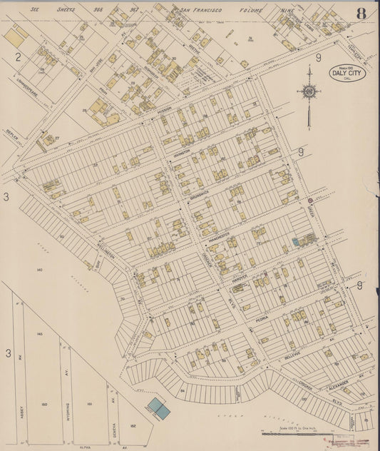 Sanborn Fire Insurance Map from Daly City, San Mateo County, California (1915), Sheet #0008 - Historic Sanborn Fire Insurance Map Print, vintage old map wall art, antique decor, genealogy gift, California California map