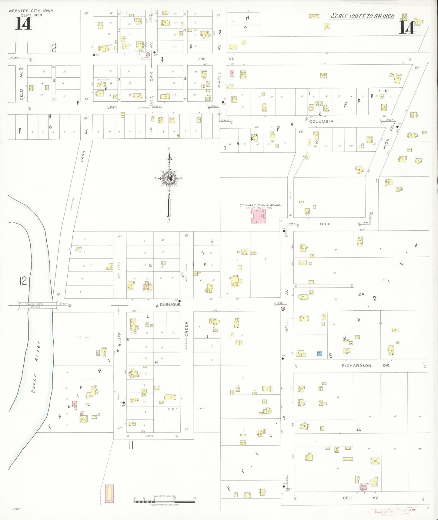 Sanborn Fire Insurance Map from Webster City, Hamilton County, Iowa (1938), Sheet #0014 - Historic Sanborn Fire Insurance Map Print, vintage old map wall art