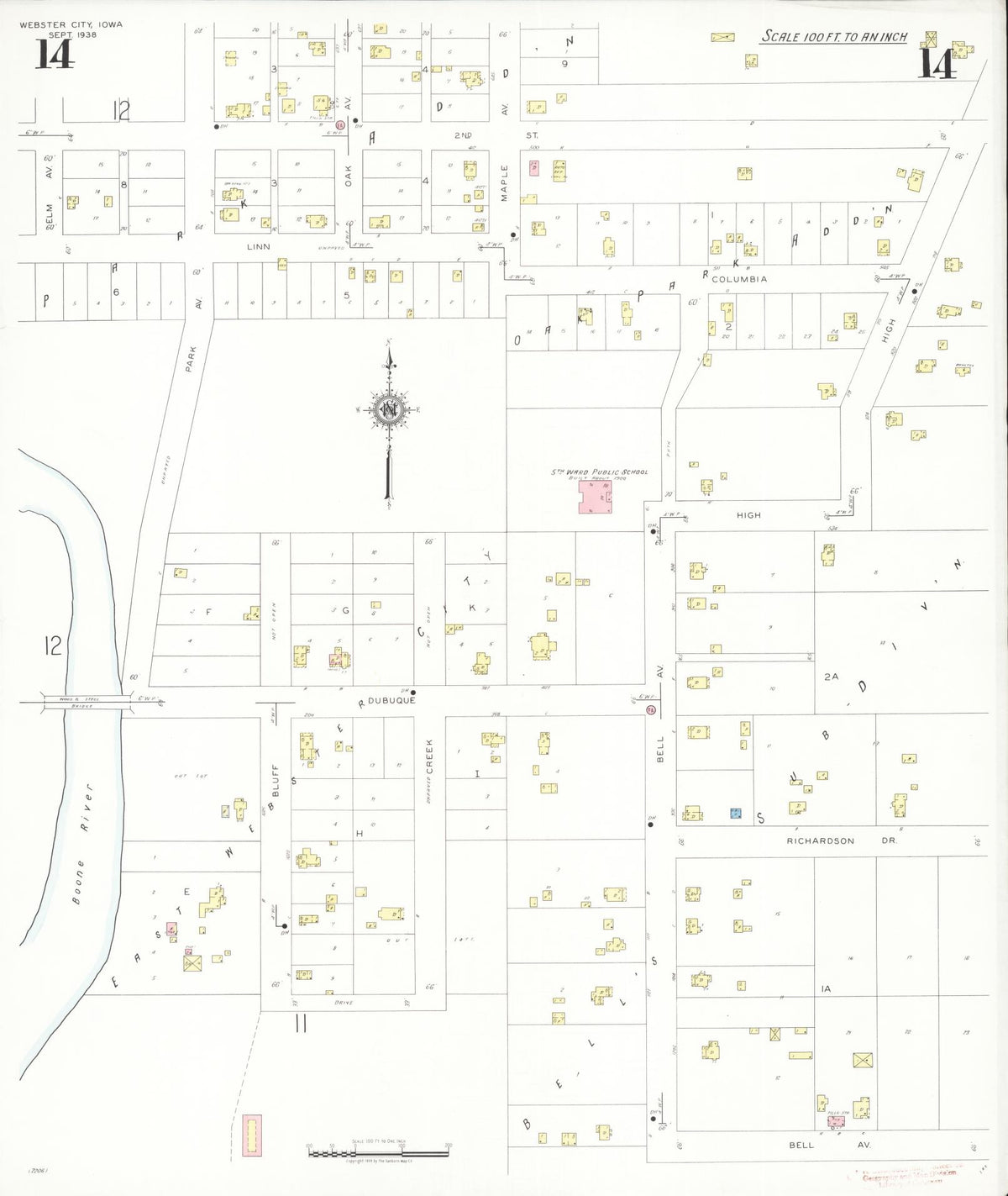 Sanborn Fire Insurance Map from Webster City, Hamilton County, Iowa (1938), Sheet #0014 - Historic Sanborn Fire Insurance Map Print, vintage old map wall art
