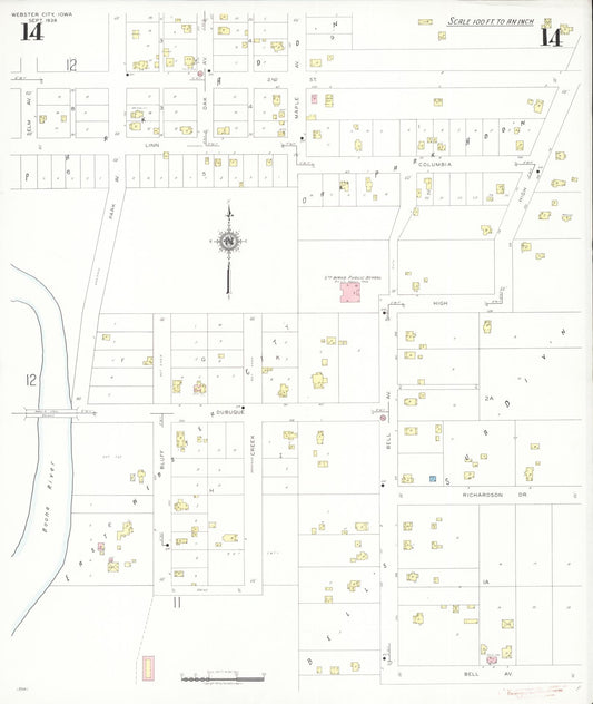 Sanborn Fire Insurance Map from Webster City, Hamilton County, Iowa (1938), Sheet #0014 - Historic Sanborn Fire Insurance Map Print, vintage old map wall art