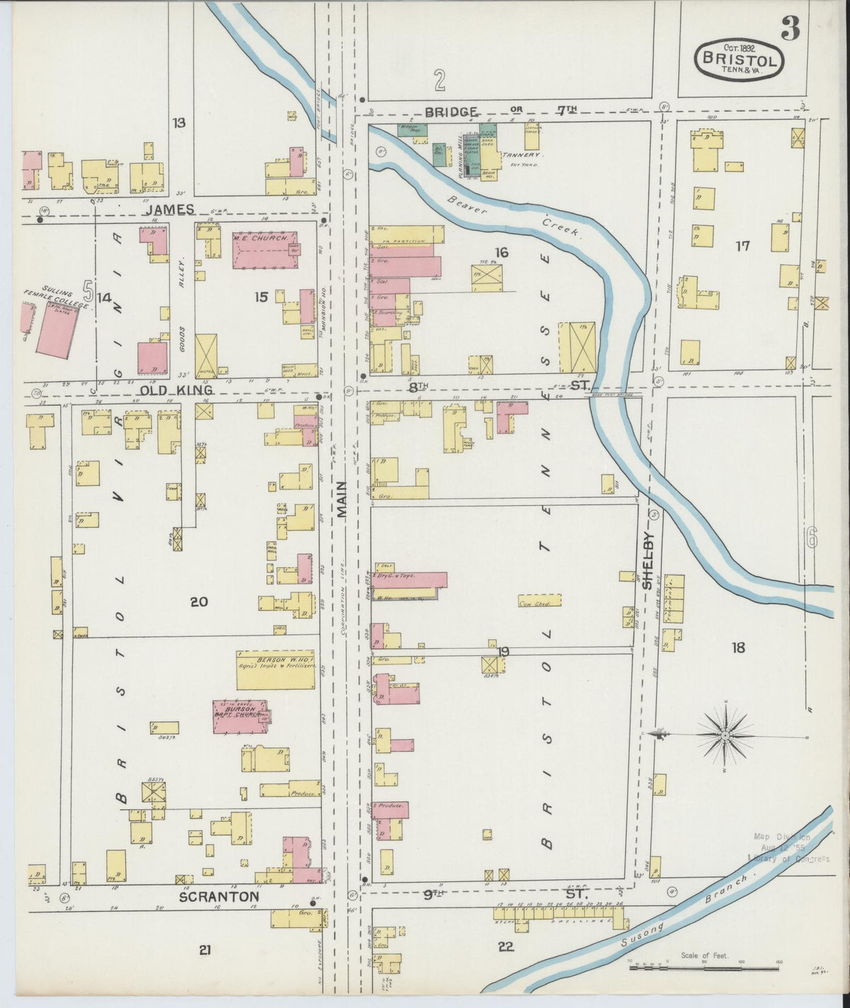 Sanborn Fire Insurance Map from Bristol, Sullivan County, Tennessee (1892), Sheet #0003 - Historic Sanborn Fire Insurance Map Print, vintage old map wall art, antique decor, genealogy gift, Tennessee Tennessee map