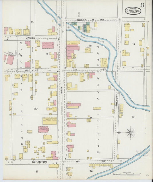 Sanborn Fire Insurance Map from Bristol, Sullivan County, Tennessee (1892), Sheet #0003 - Historic Sanborn Fire Insurance Map Print, vintage old map wall art, antique decor, genealogy gift, Tennessee Tennessee map