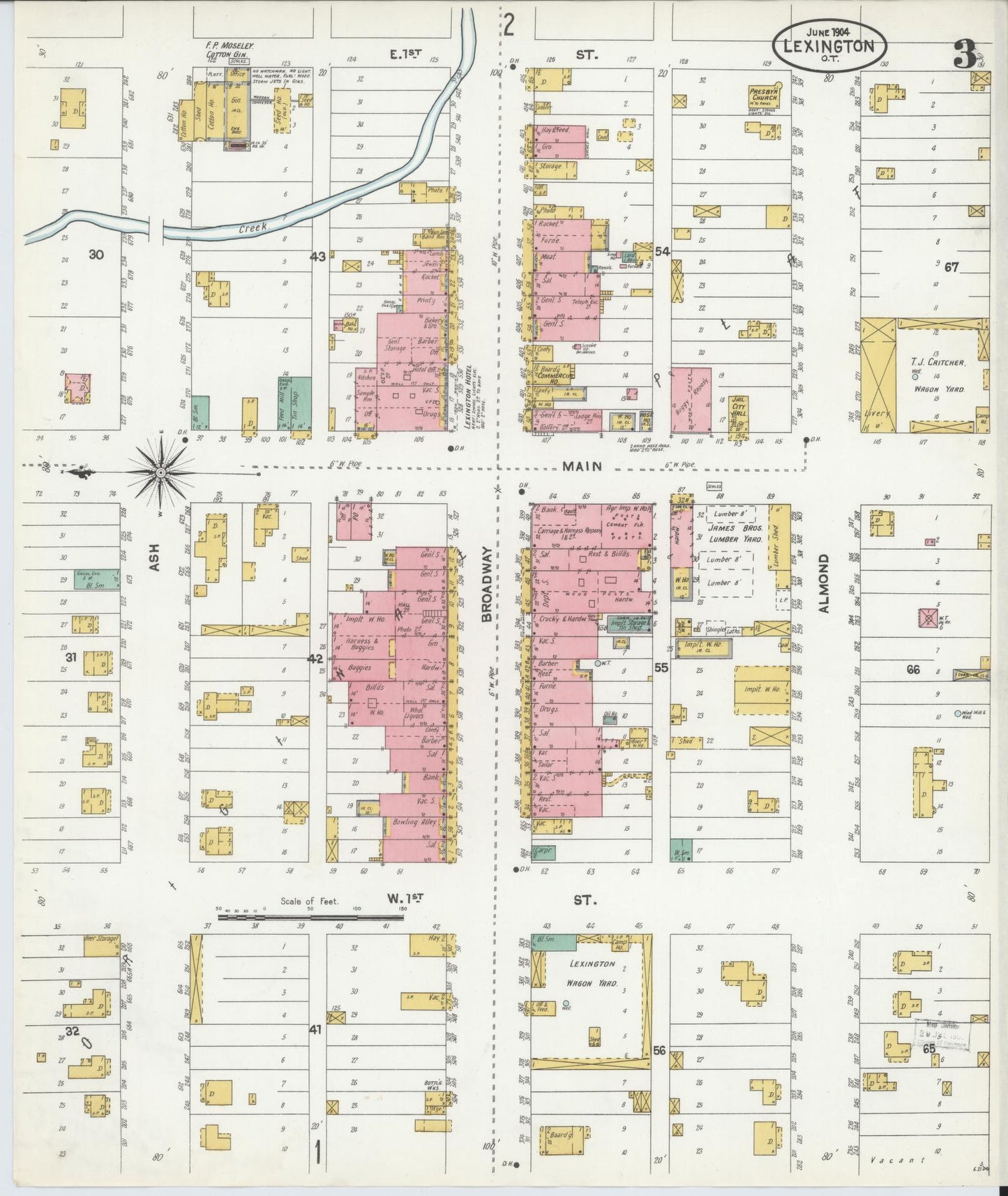 Sanborn Fire Insurance Map from Lexington, Cleveland County, Oklahoma (1904), Sheet #0003 - Historic Sanborn Fire Insurance Map Print, vintage old map wall art, antique decor, genealogy gift, Oklahoma Oklahoma map