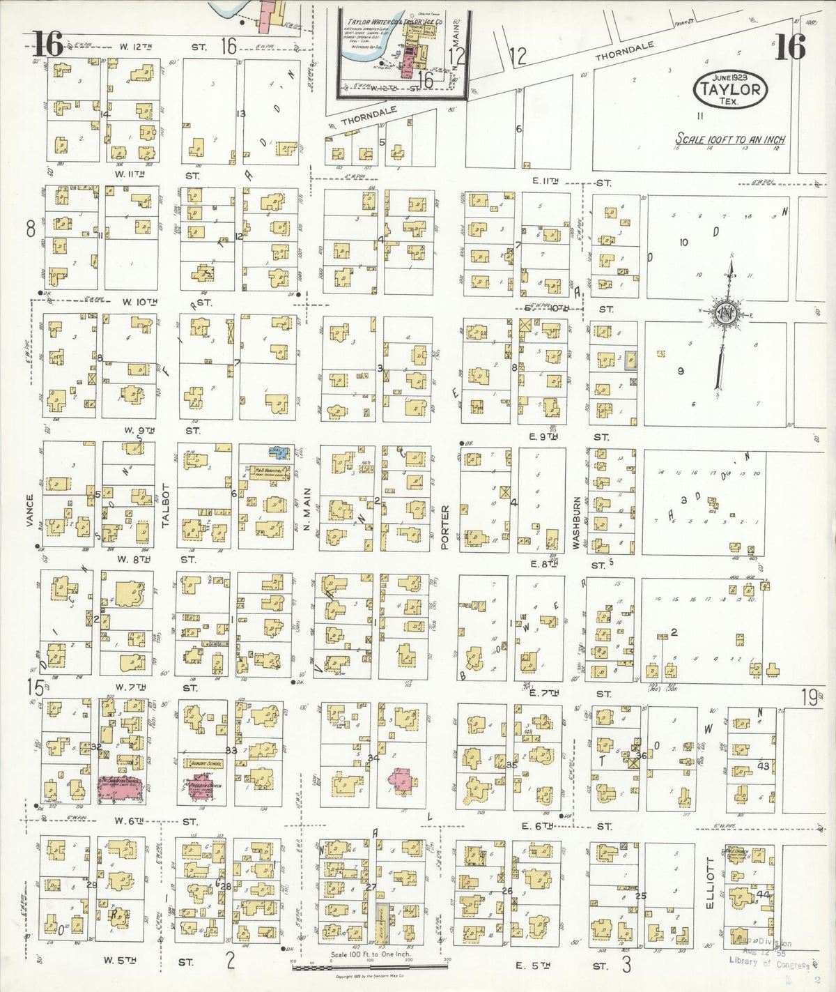 Sanborn Fire Insurance Map from Taylor, Williamson County, Texas (1923), Sheet #0016 - Historic Sanborn Fire Insurance Map Print, vintage old map wall art, antique decor, genealogy gift, Texas Texas map