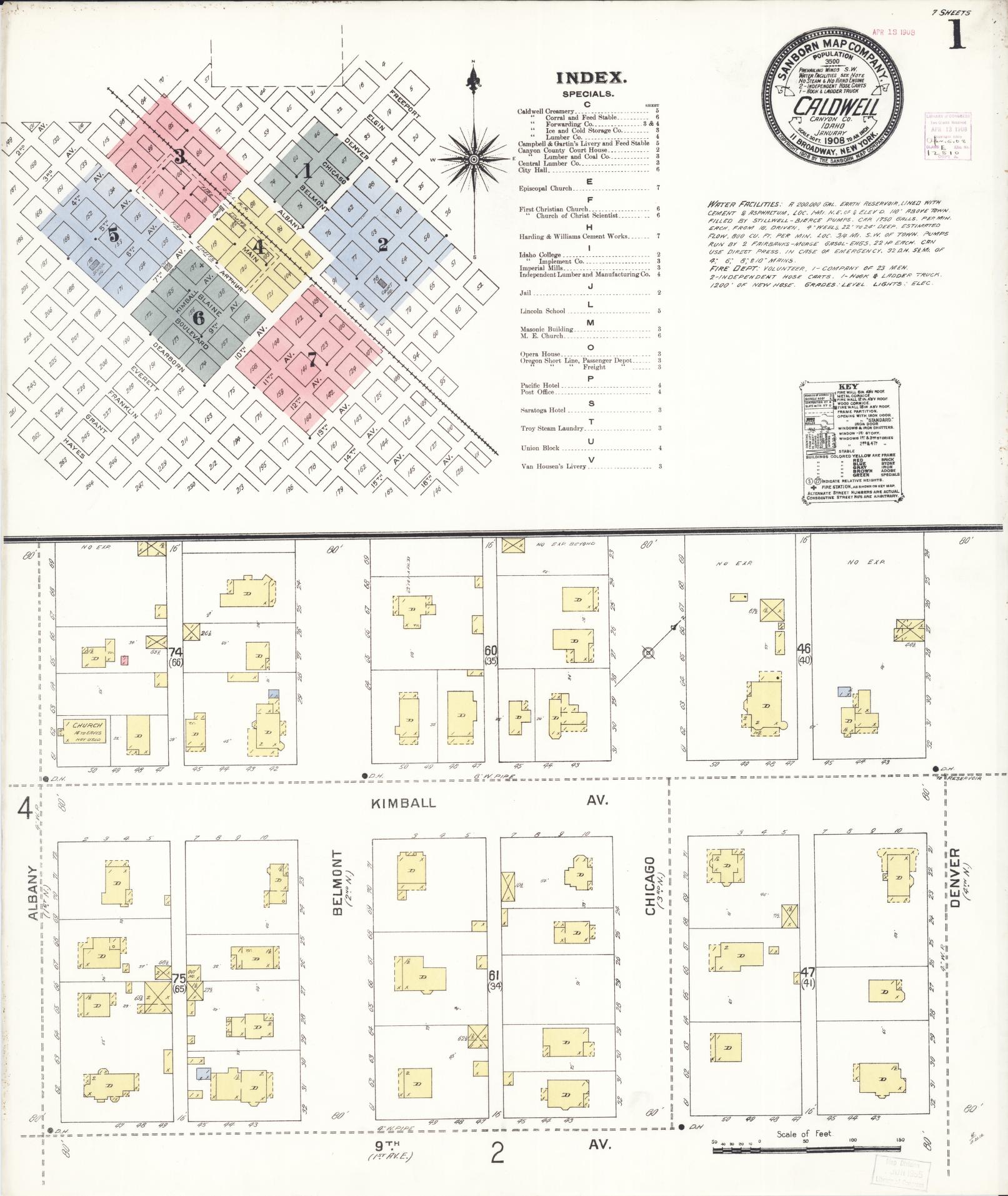 Sanborn Fire Insurance Map from Caldwell, Canyon County, Idaho (1908), Sheet #0001 - Historic Sanborn Fire Insurance Map Print, vintage old map wall art, antique decor, genealogy gift, Idaho Idaho map