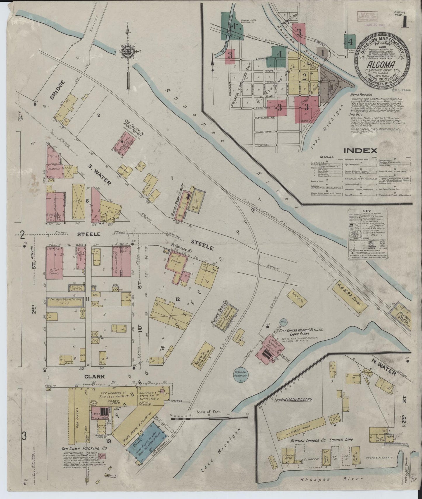 Sanborn Fire Insurance Map from Algoma, Kewaunee County, Wisconsin (1909), Sheet #0001 - Complete Map Set gallery image, historic Sanborn map, vintage wall art, Wisconsin Wisconsin