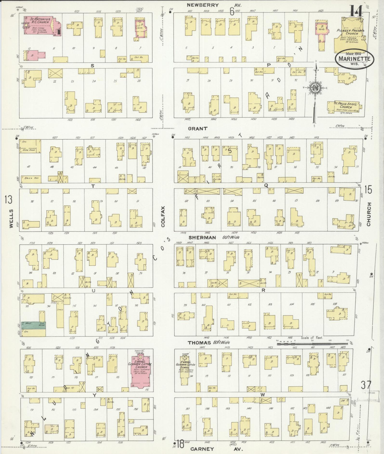 Sanborn Fire Insurance Map from Marinette, Marinette County, Wisconsin (1910), Sheet #0014 - Historic Sanborn Fire Insurance Map Print, vintage old map wall art, antique decor, genealogy gift, Wisconsin Wisconsin map
