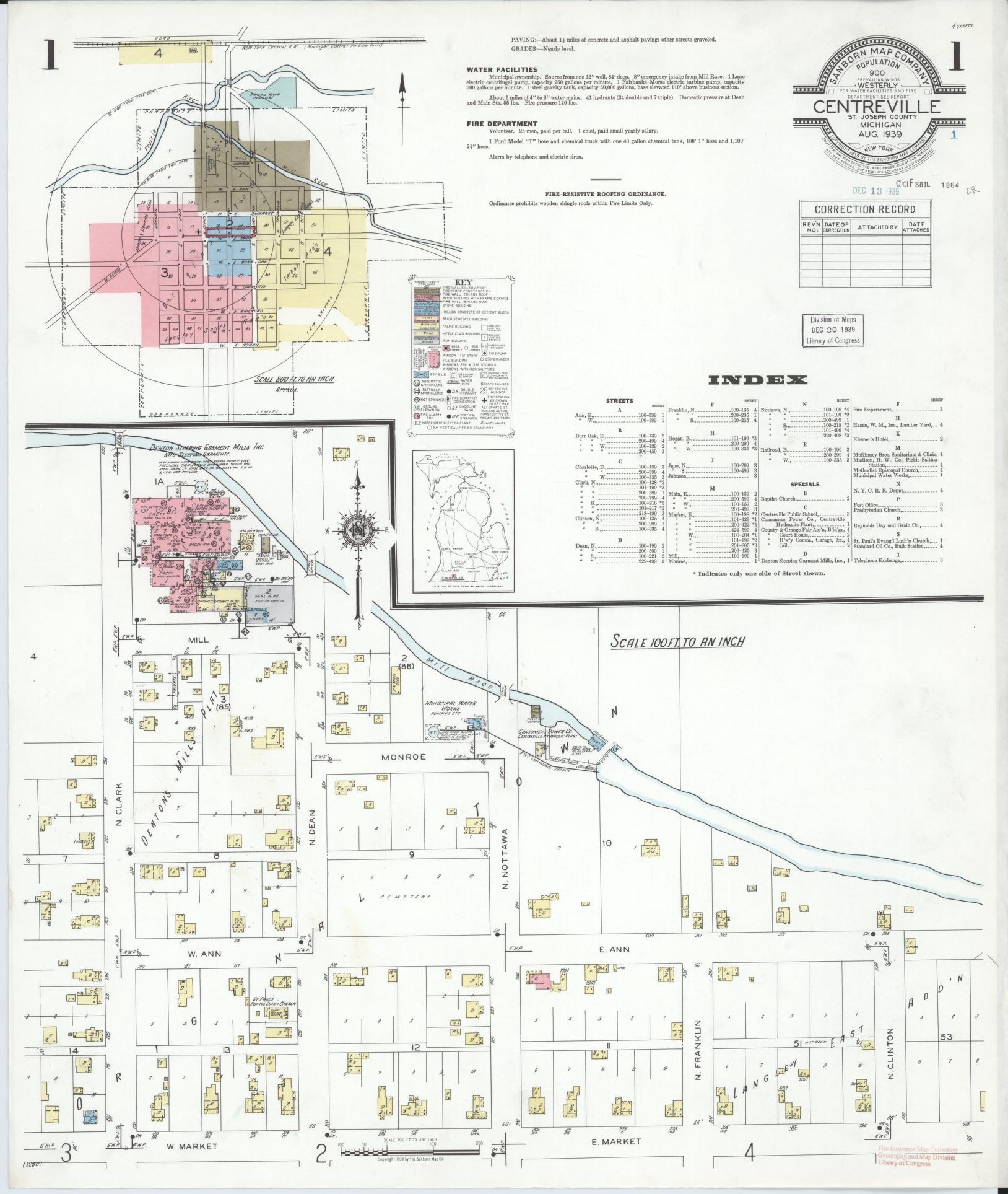 Sanborn Fire Insurance Map from Centreville, Saint Joseph County, Michigan (1939), Sheet #0001 - Complete Map Set gallery image, historic Sanborn map, vintage wall art, Michigan Michigan