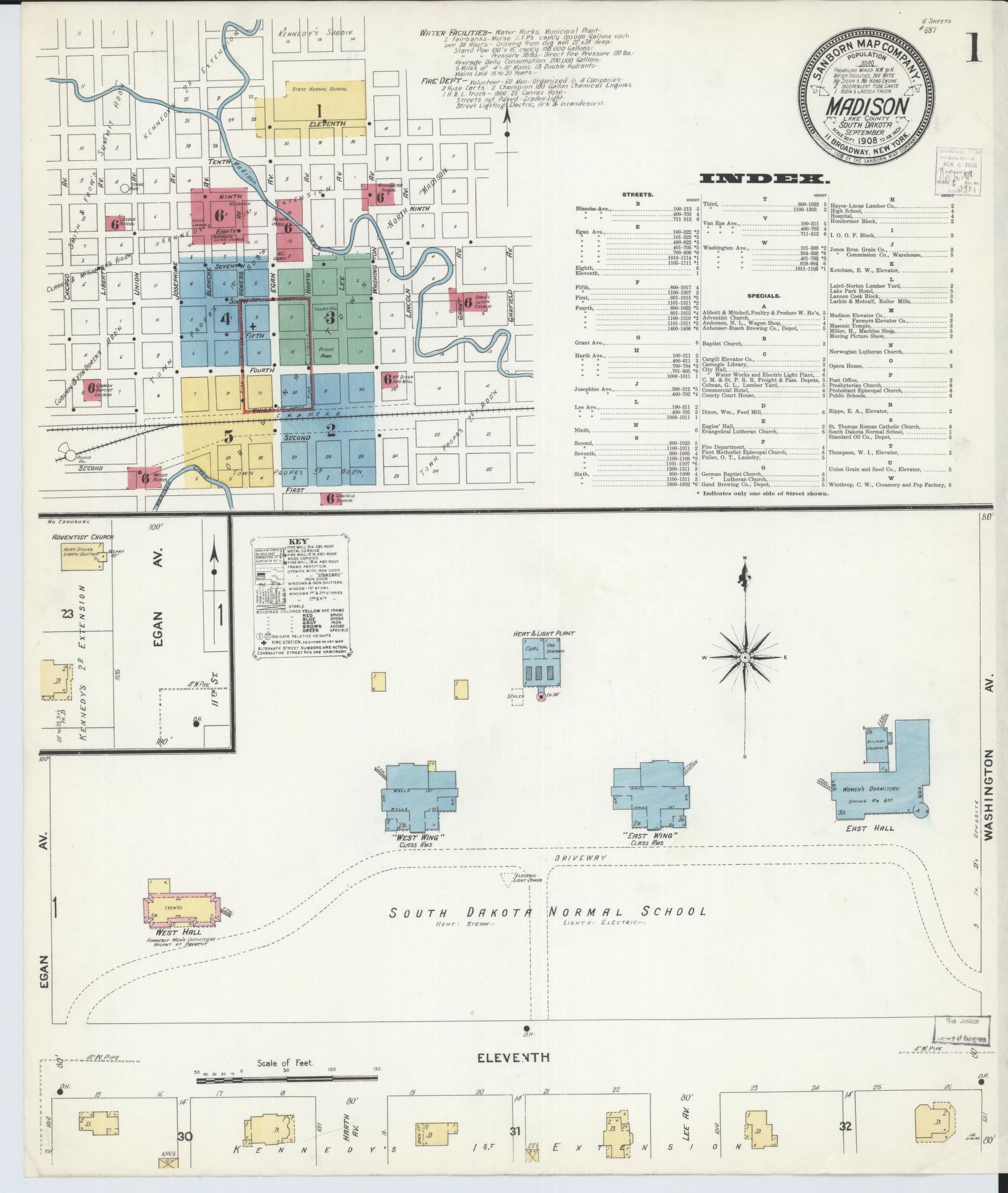 Sanborn Fire Insurance Map from Madison, Lake County, South Dakota (1908), Sheet #0001 - Historic Sanborn Fire Insurance Map Print, vintage old map wall art, antique decor, genealogy gift, South Dakota South Dakota map